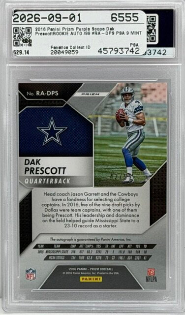 2016 Panini Prizm #RADPS Dak Prescott RC Purple Scope /99 PSA 9 [UNSIGNED]