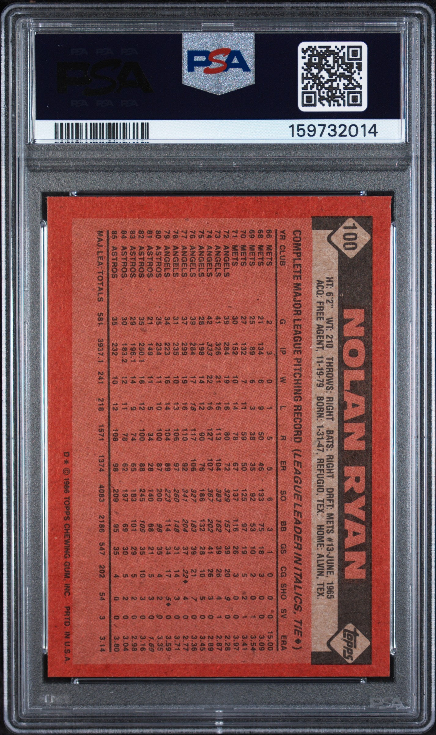 1986 TOPPS 100 NOLAN RYAN PSA 8 - back