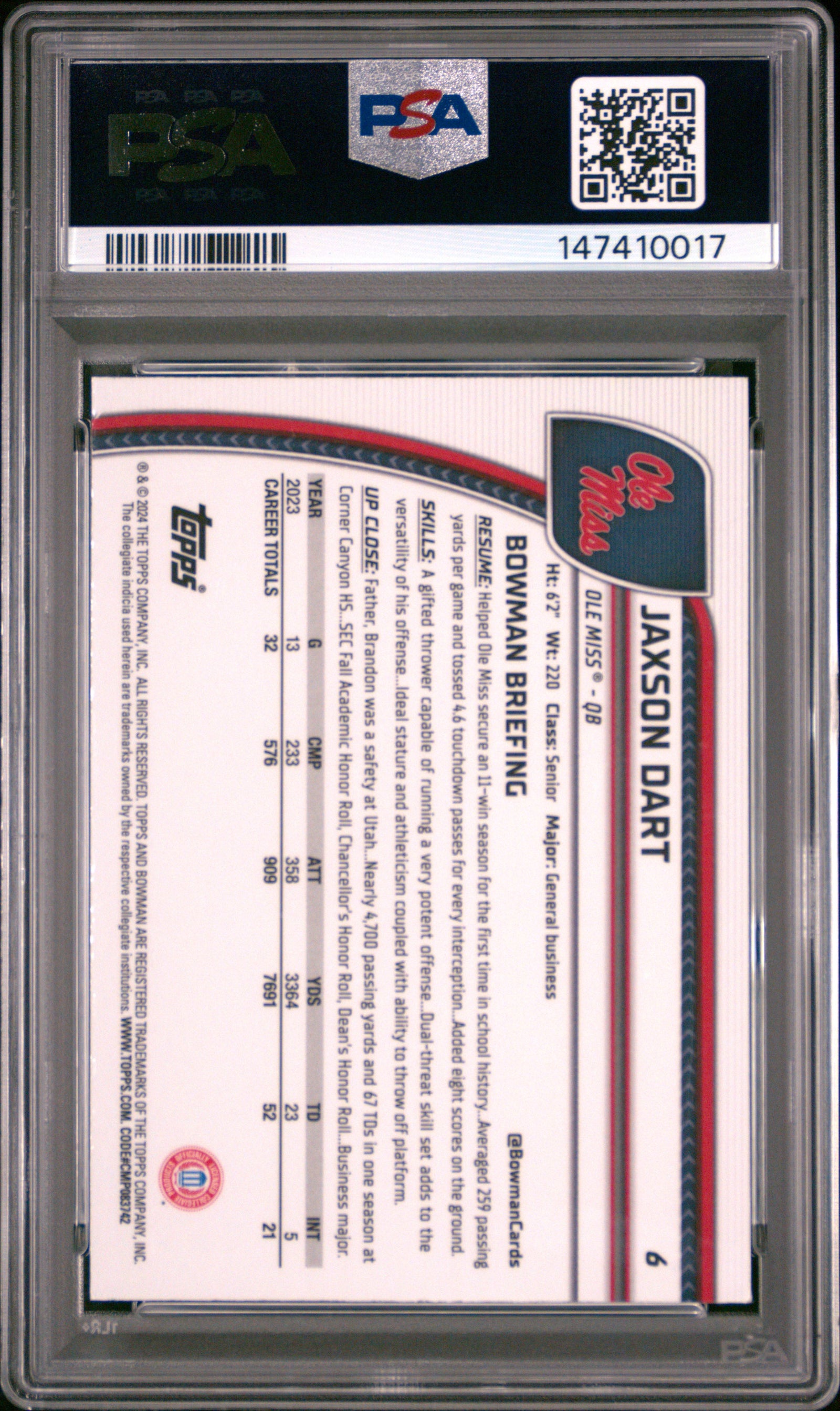 2024 Bowman University Chrome 6 Jaxson Dart Pink Lava PSA 9