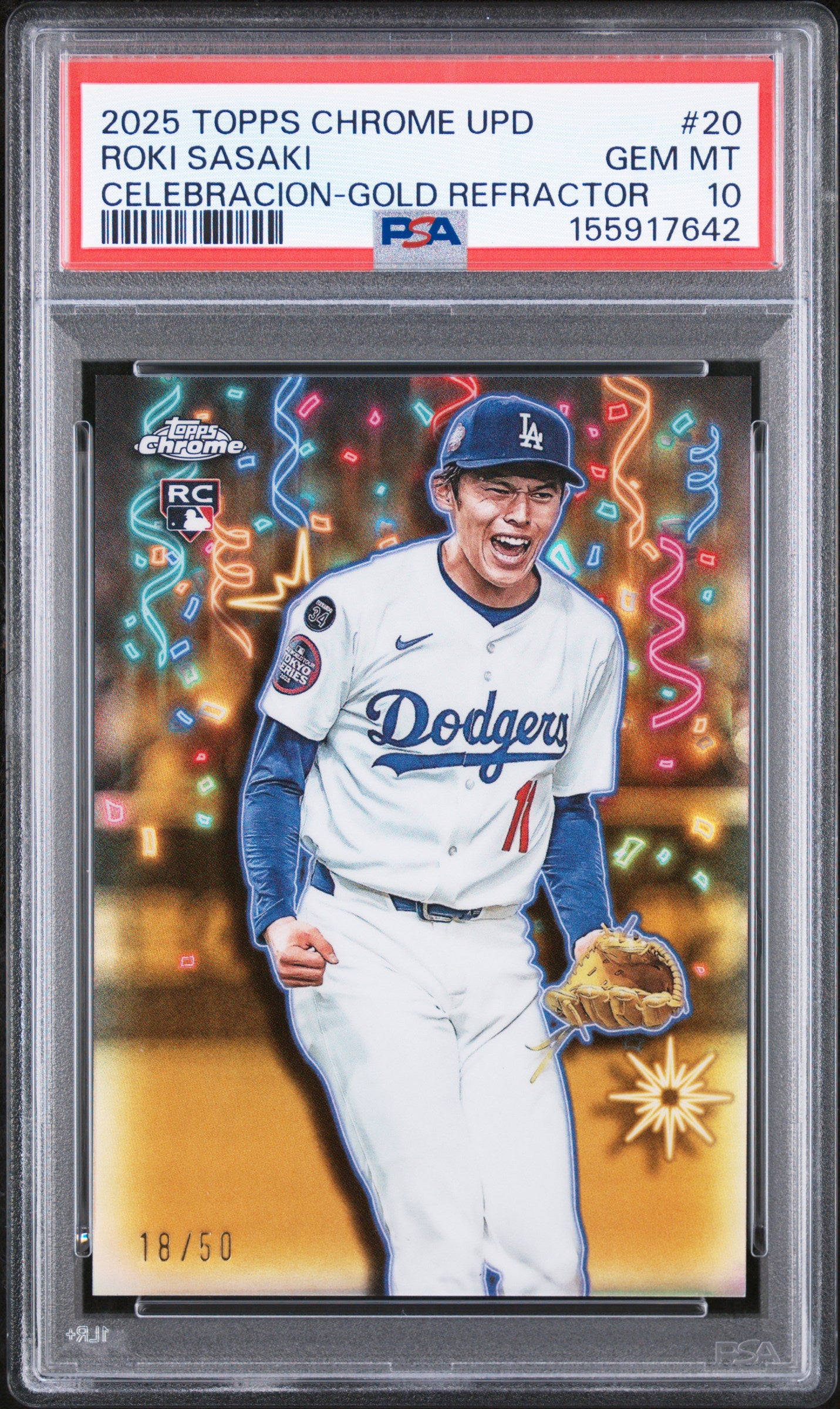2025 TOPPS CHROME UPDATE CELEBRACION 20 ROKI SASAKI GOLD REFRACTOR PSA 10 - front