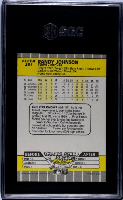 1989 Fleer Randy Johnson Ad Blacked Out SGC 7