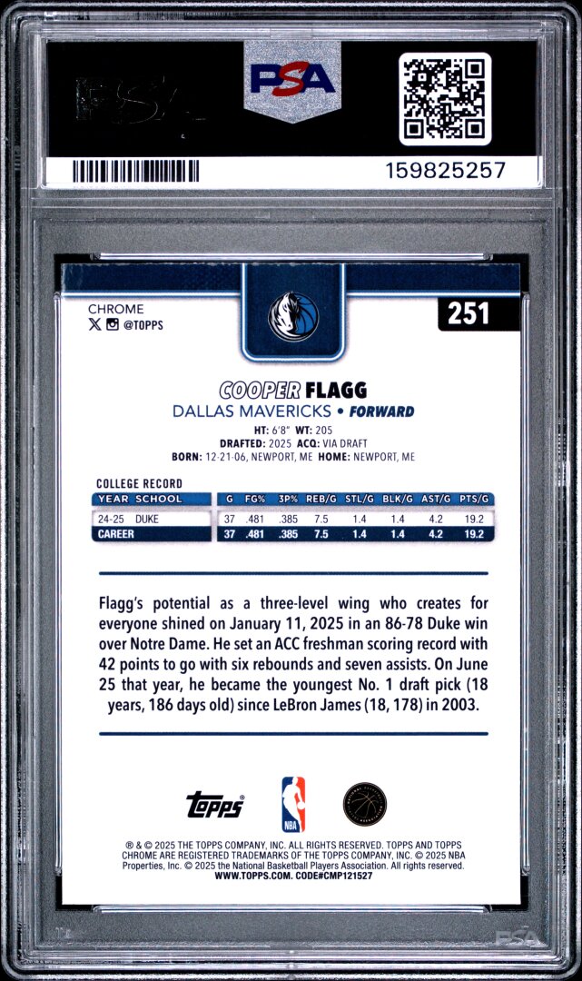 2025 Topps Chrome Cooper Flagg RC PSA 10 #251