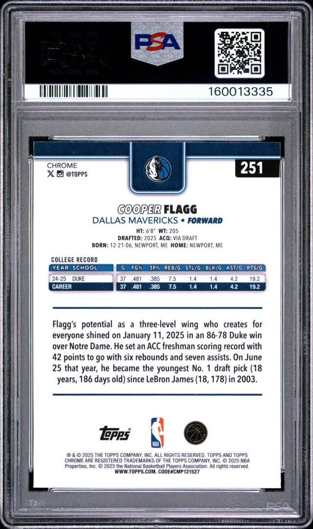 2025 Topps Chrome Cooper Flagg RC PSA 10 #251