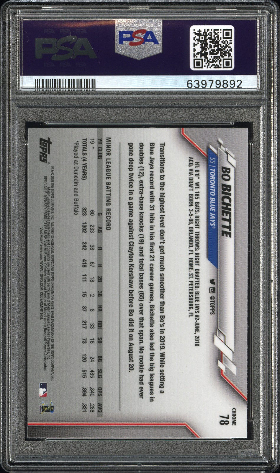 2020 Topps Chrome Sapphire Bo Bichette PSA 9