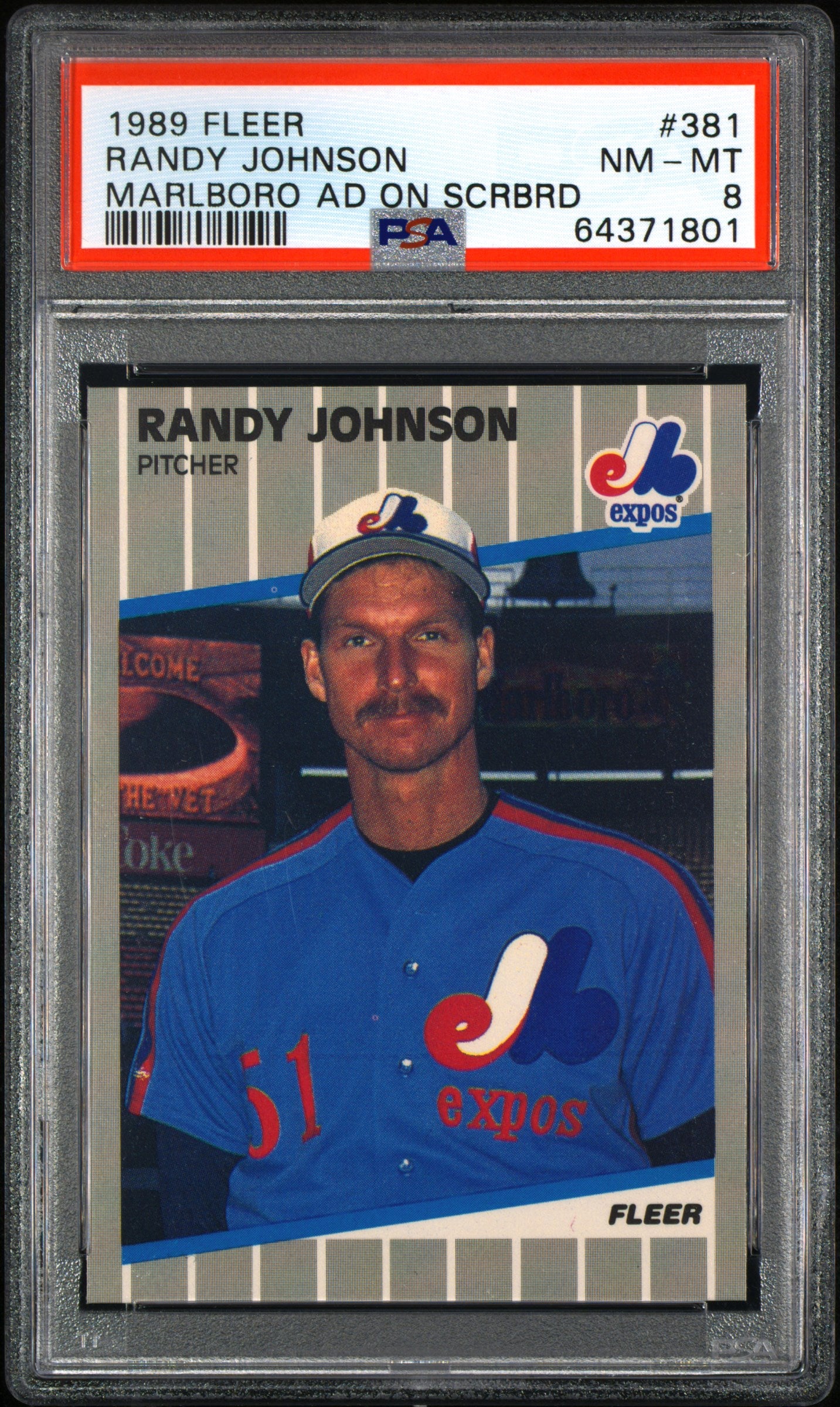 1989 FLEER 381 RANDY JOHNSON MARLBORO AD ON SCOREBOARD PSA 8 - front