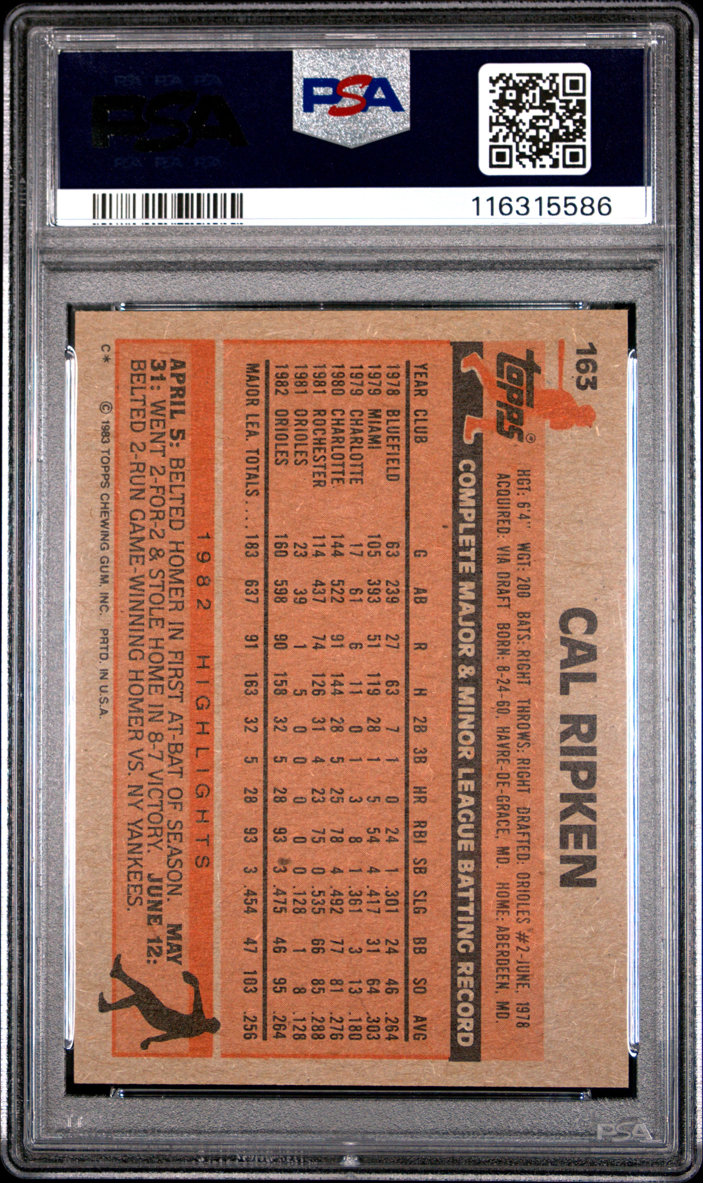 1983 TOPPS 163 CAL RIPKEN JR. PSA 8 - back