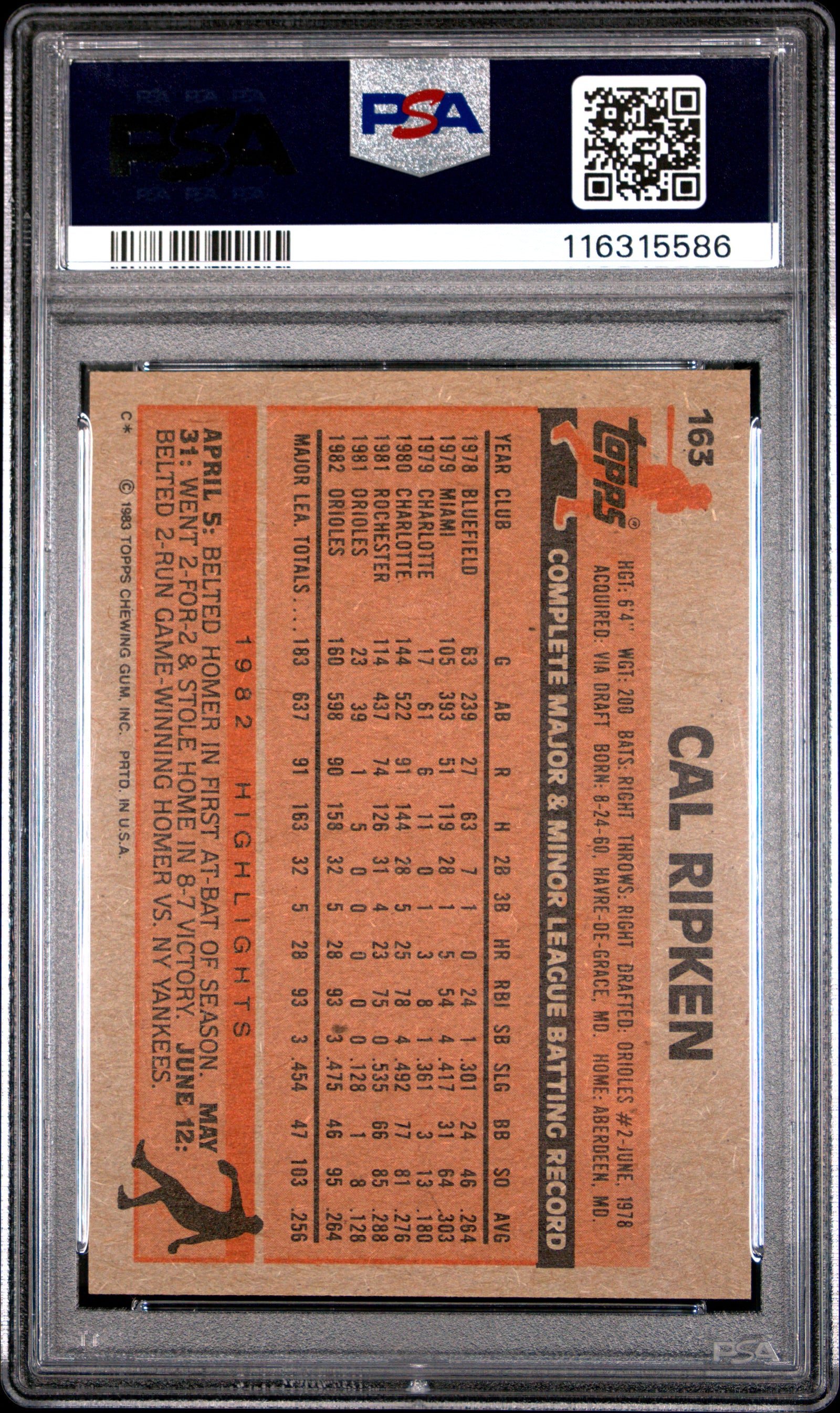 1983 TOPPS 163 CAL RIPKEN JR. PSA 8 - back