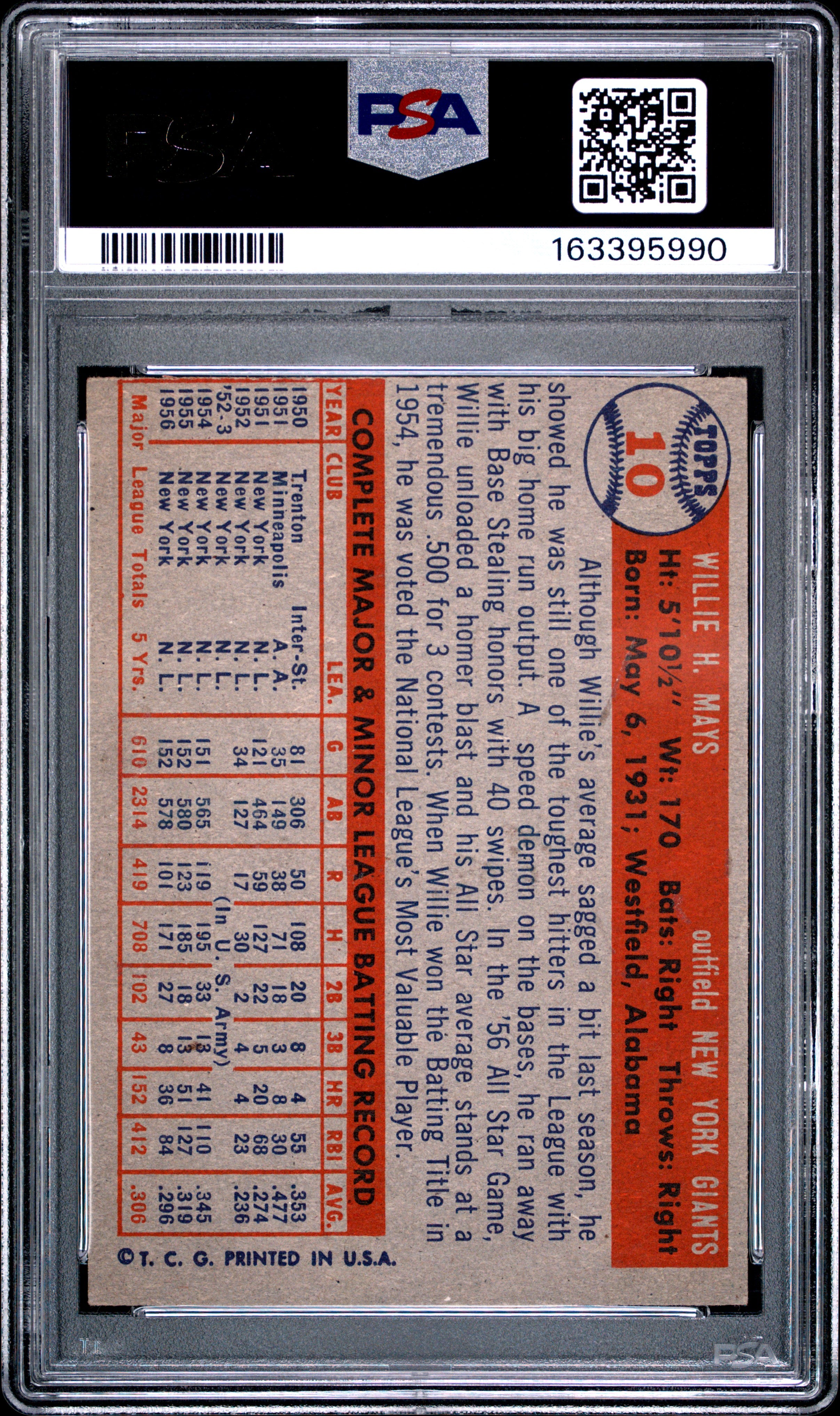 1957 TOPPS 10 WILLIE MAYS PSA 4 - back
