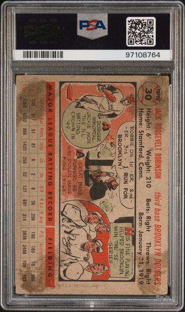 1956 TOPPS #30 JACKIE ROBINSON GRAY BACK PSA 2