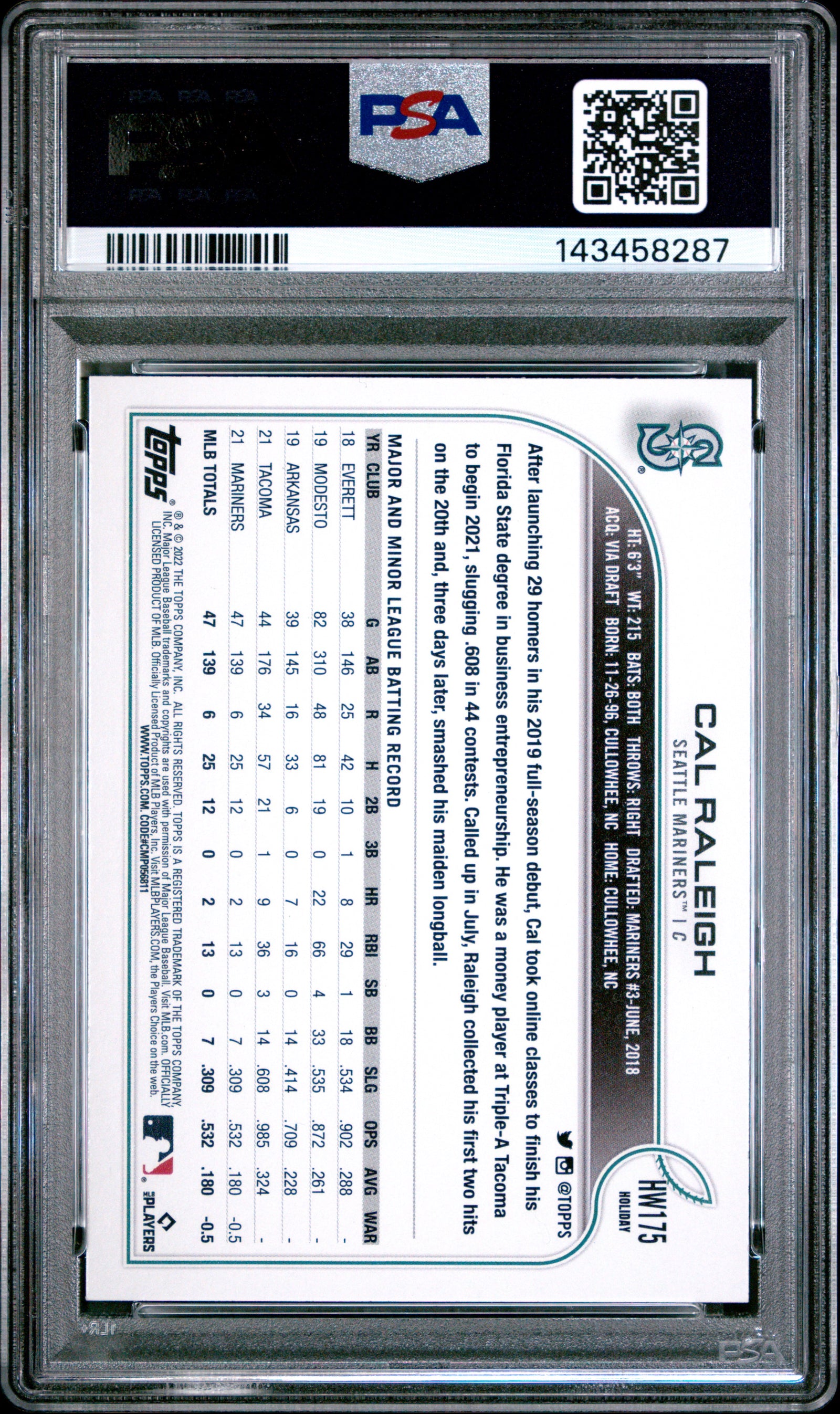 2022 Topps Holiday Hw175 Cal Raleigh Metallic PSA 10