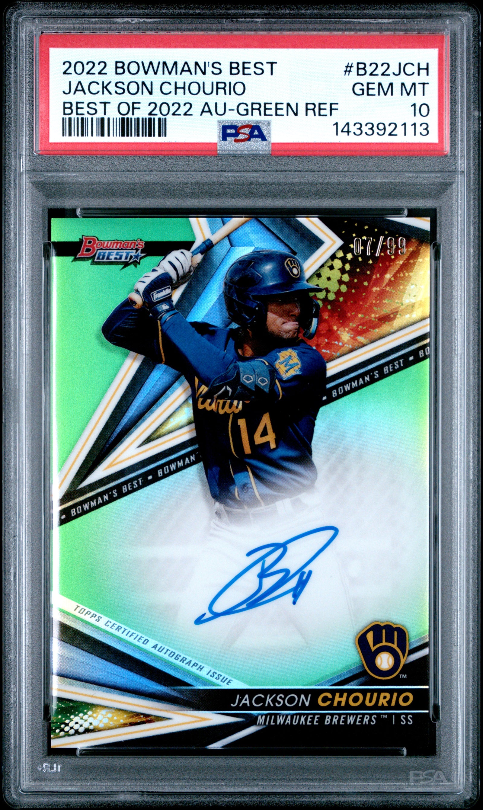 2022 Bowman'S Best Best Of 2022 Autographs B22Jch Jackson Chourio Green Refractor PSA 10