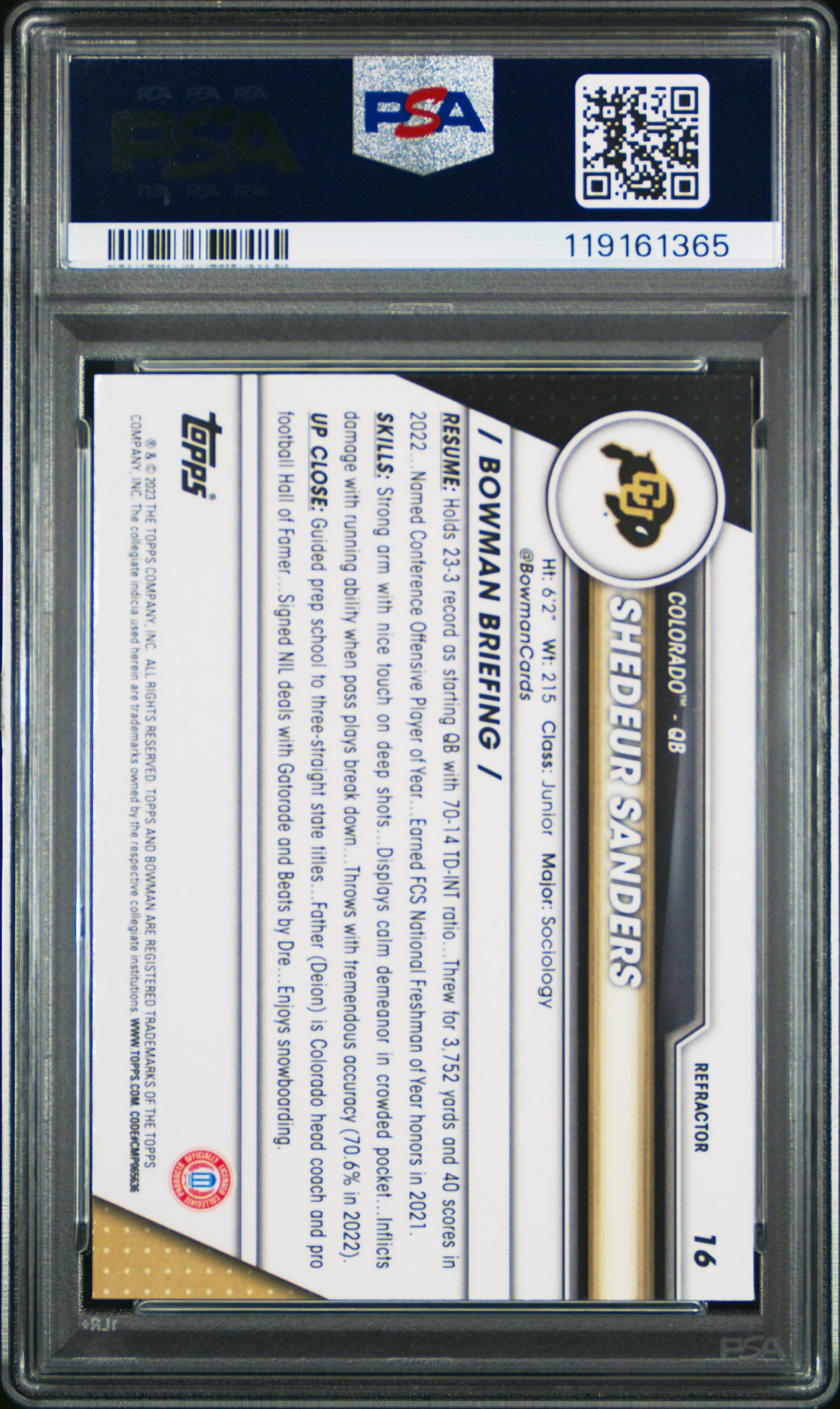 2023 Bowman University Chrome 16 Shedeur Sanders Refractor PSA 10