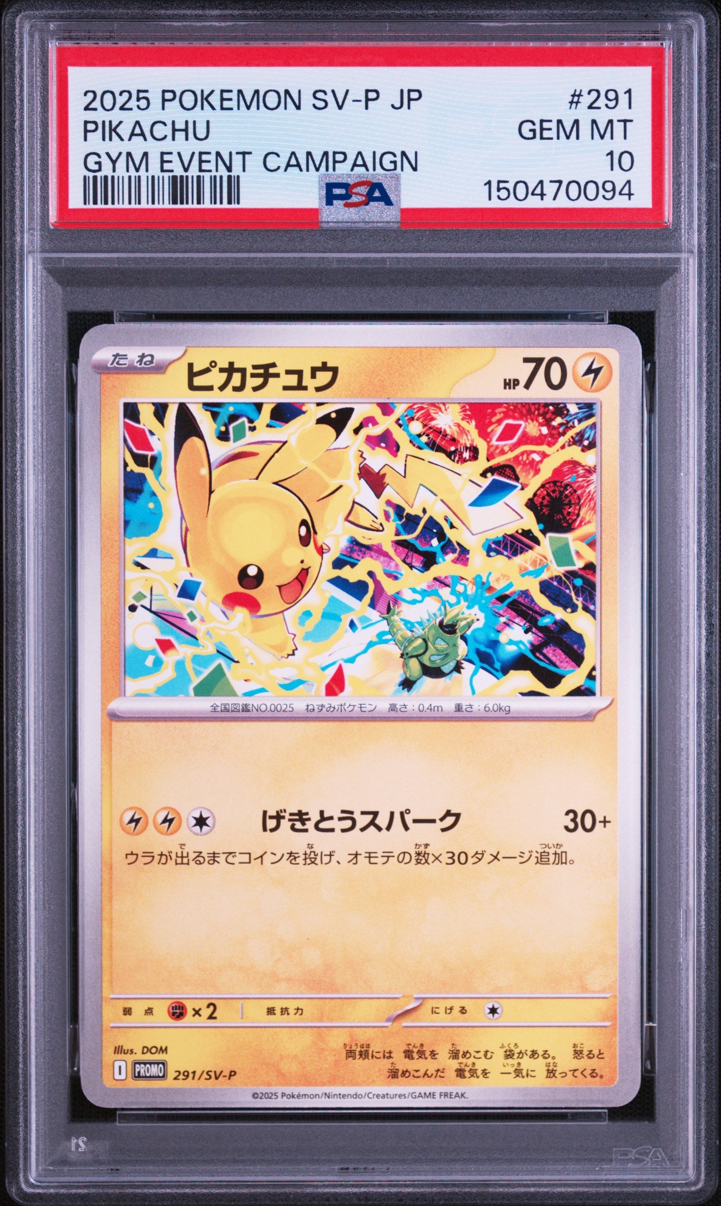 2025 POKEMON JAPANESE SV-P PROMO 291 PIKACHU GYM EVENT CAMPAIGN PSA 10 - front