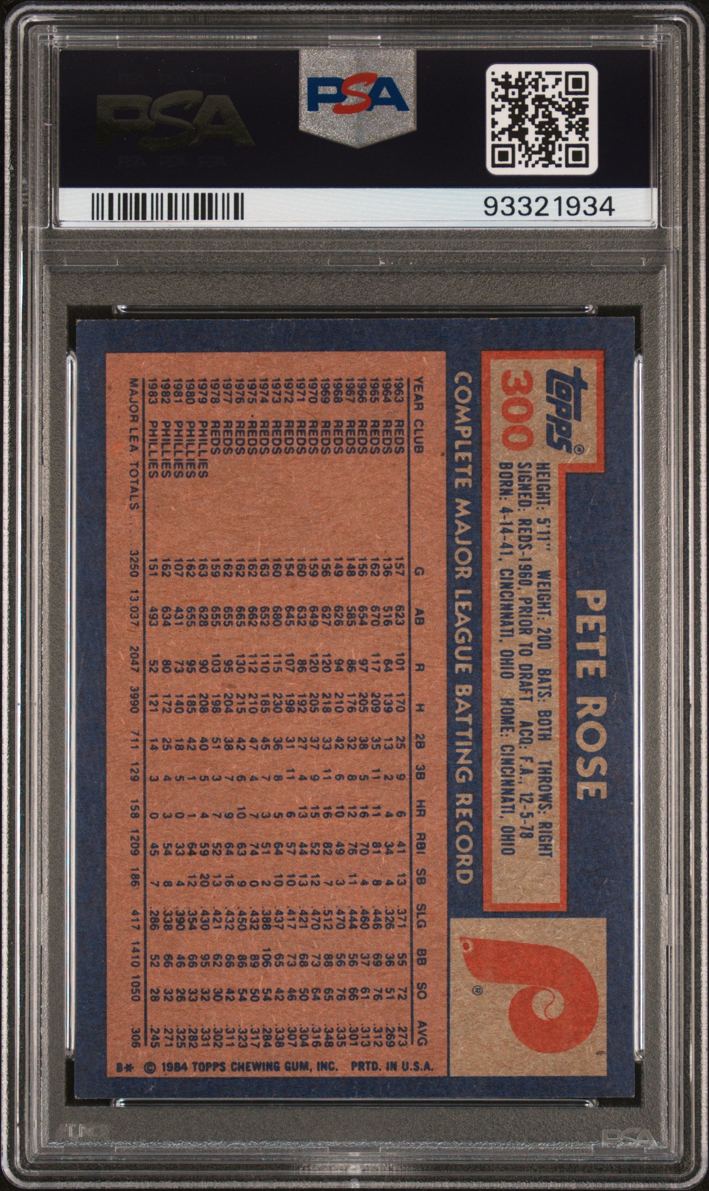 1984 TOPPS 300 PETE ROSE PSA 8 - back