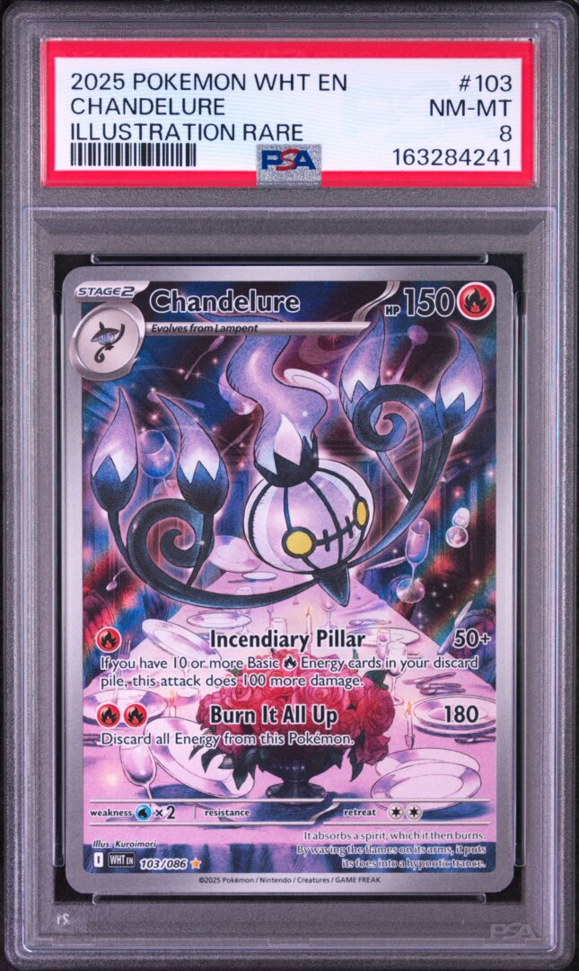 2025 Pokemon #103 White Flare Chandelure Illustration Rare PSA 8