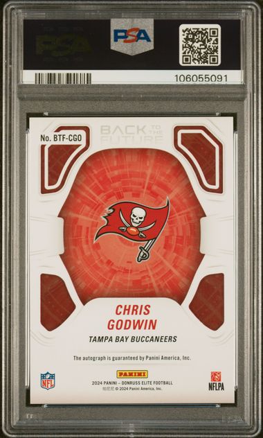 2024 Panini Donruss Elite Back to the Future Signatures card features Chris Godwin's autograph PSA 10