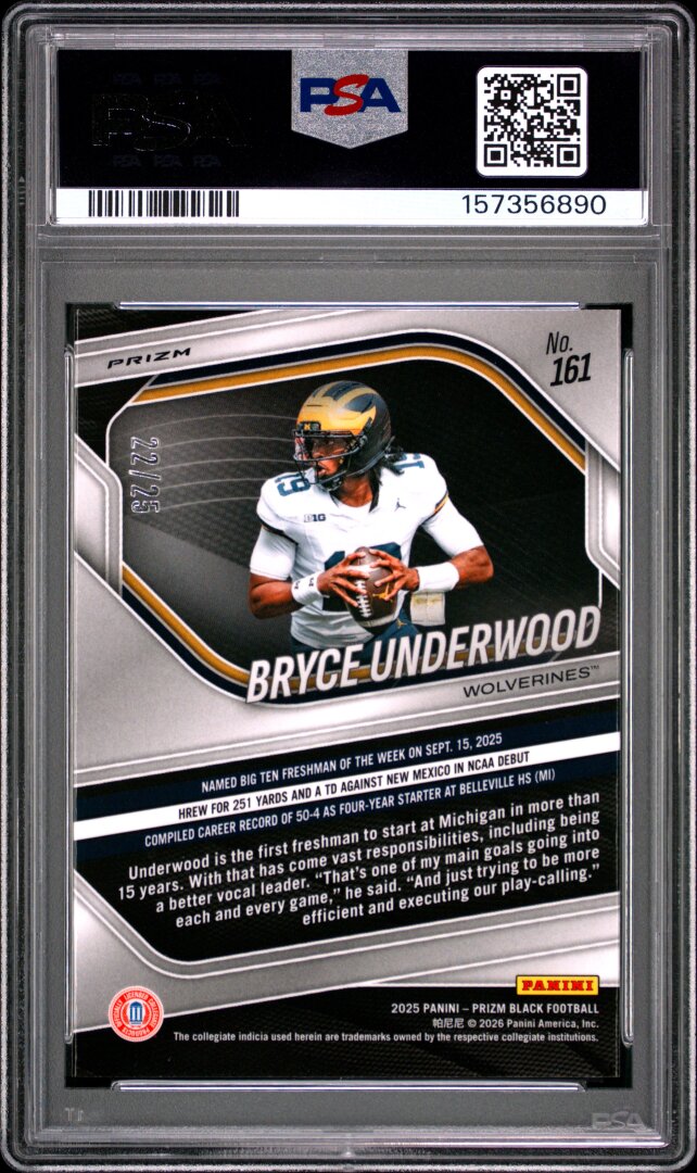 2025 Panini Prizm Black #161 Bryce Underwood Mojo Prizm /25 PSA 10