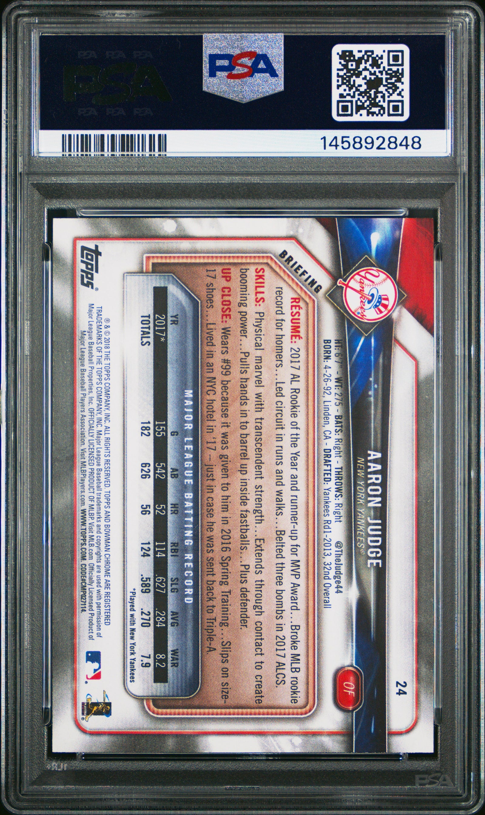 2018 Bowman 24 Aaron Judge PSA 8