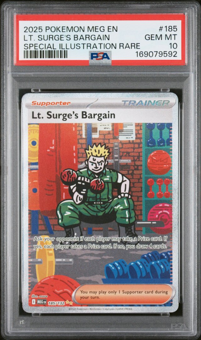 2025 Pokemon English Mega Evolution Lt. Surge's Bargain SIR PSA 10 #185