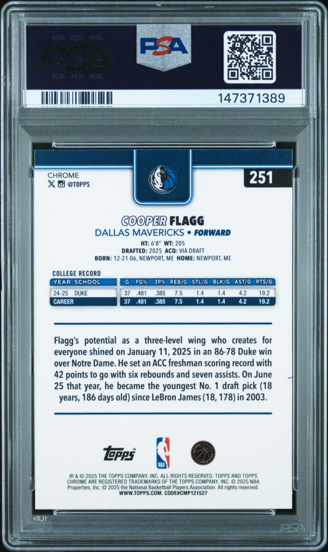 2025 Topps Chrome Cooper Flagg RC PSA 10 #251