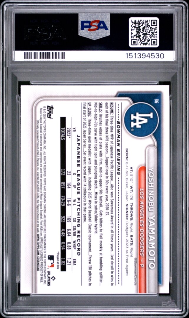 2024 Bowman Mega Box Chrome #36 Yoshinobu Yamamoto RC PSA 10