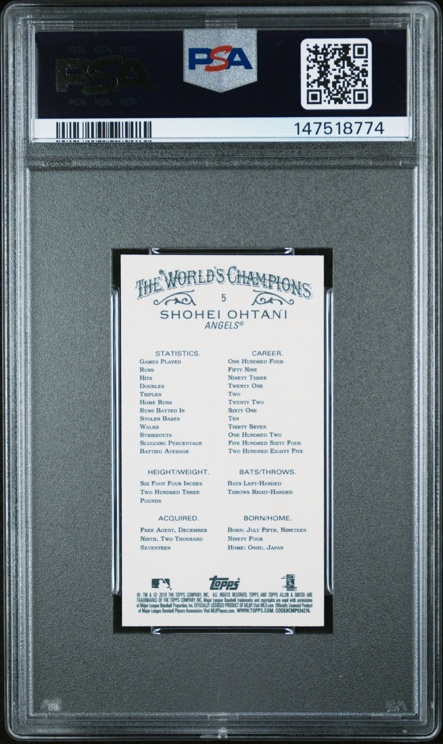 2019 Topps Allen & Ginter 5 Shohei Ohtani Mini PSA 8