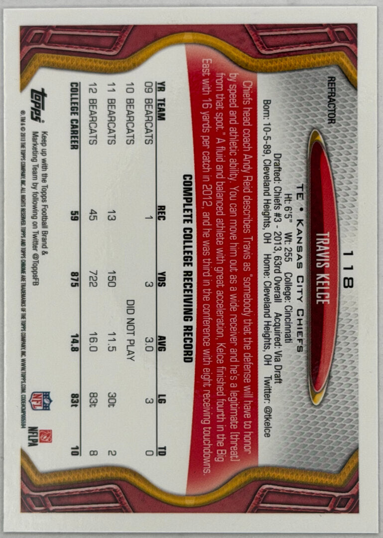 2013 Topps Chrome Travis Kelce Xfractors #118 RC Chiefs