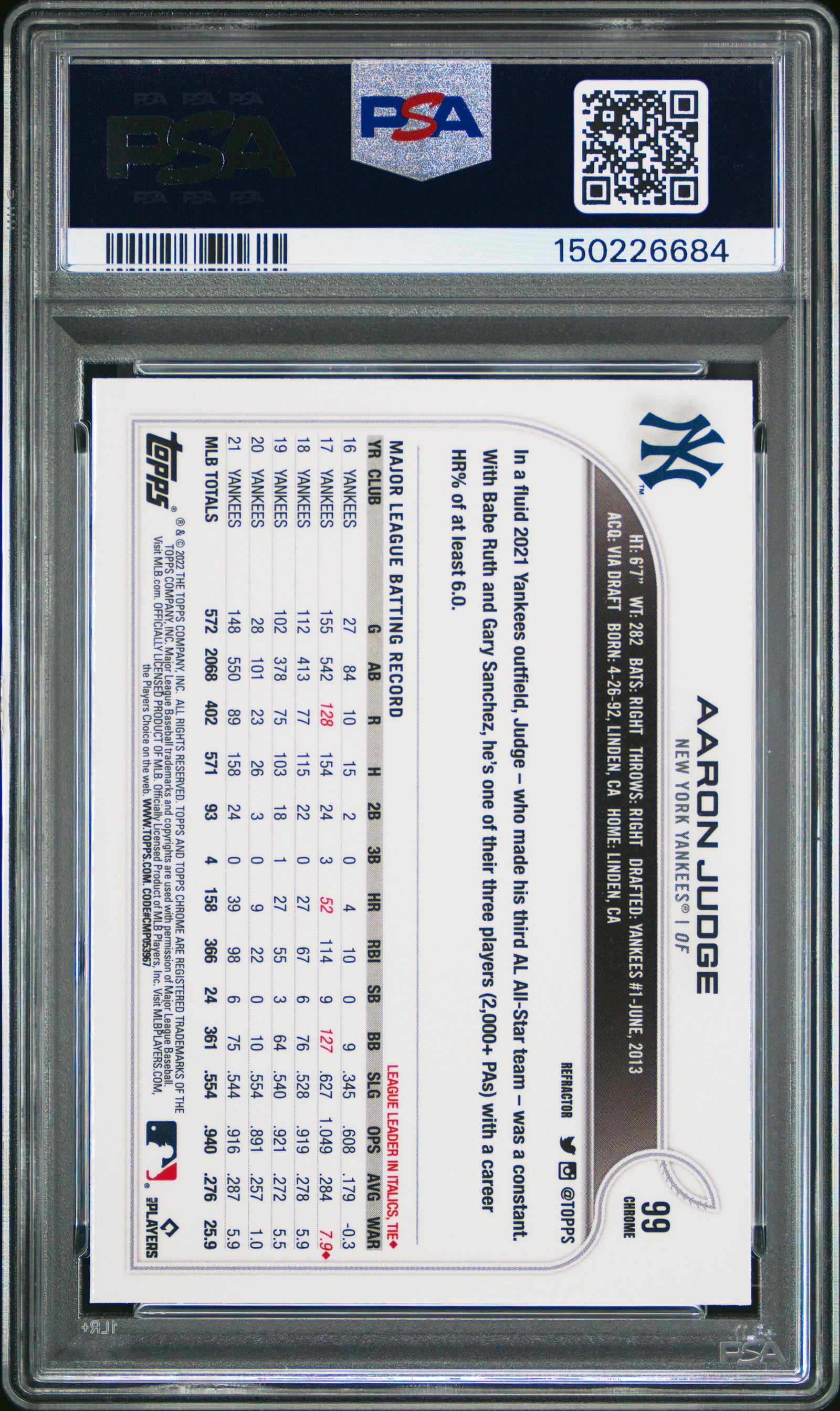 2022 Topps Chrome 99 Aaron Judge Refractor PSA 10