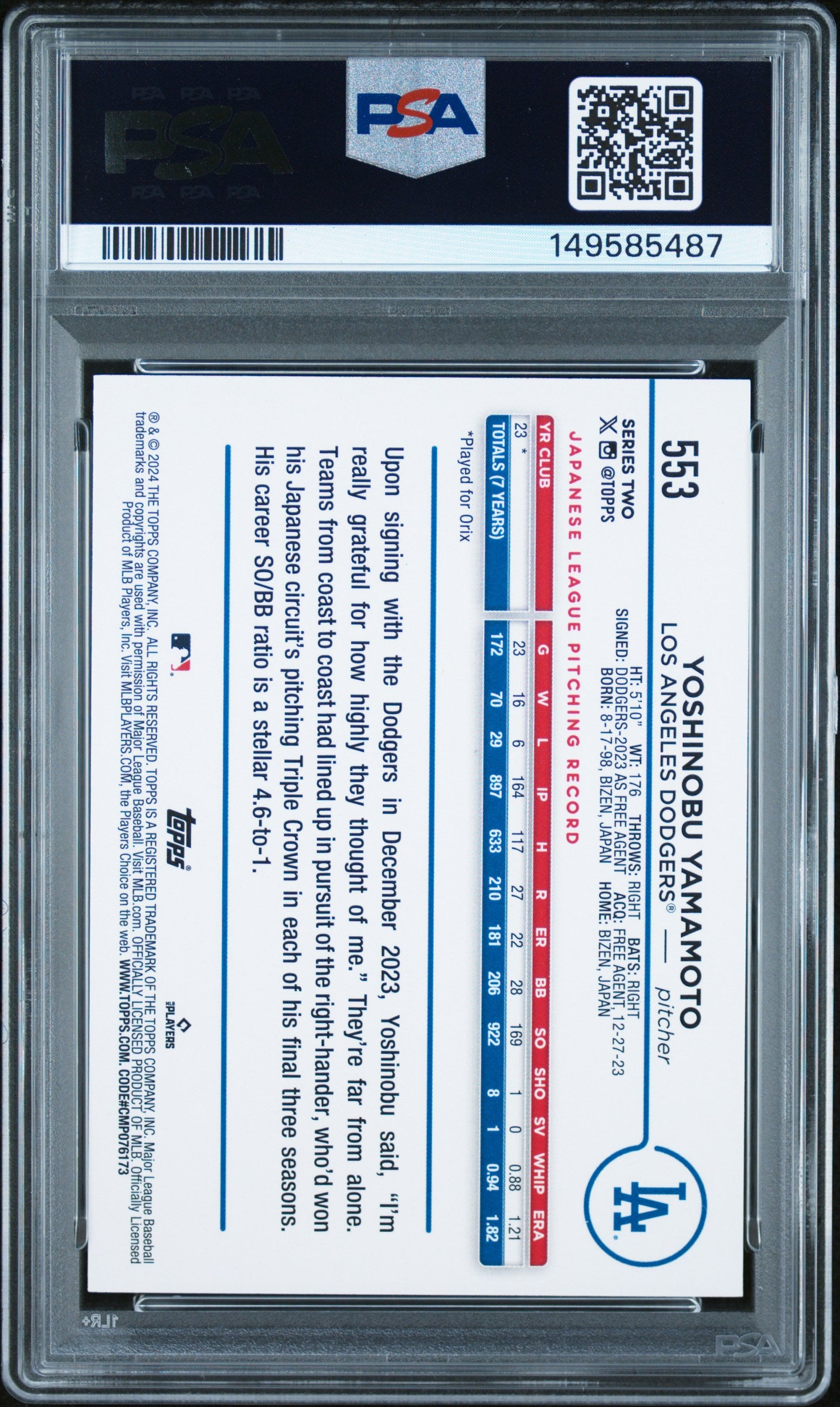 2024 Topps 553 Yoshinobu Yamamoto Gold Foil PSA 9