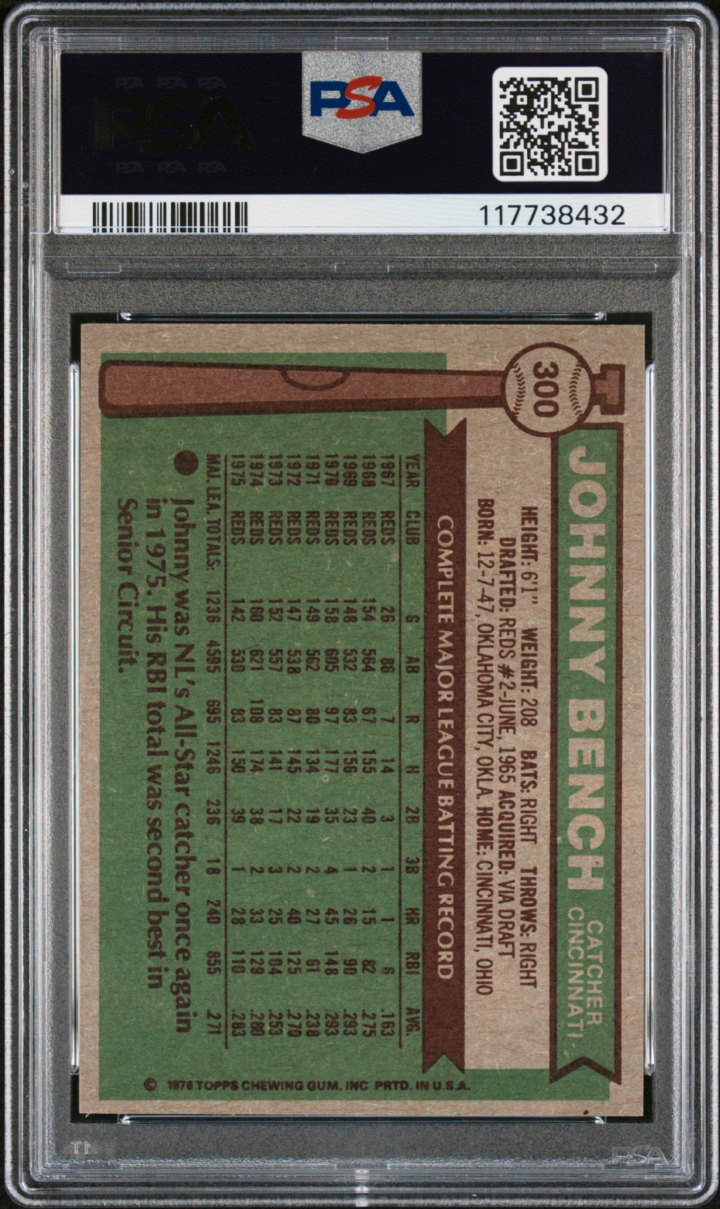 1976 Topps 300 Johnny Bench PSA 6