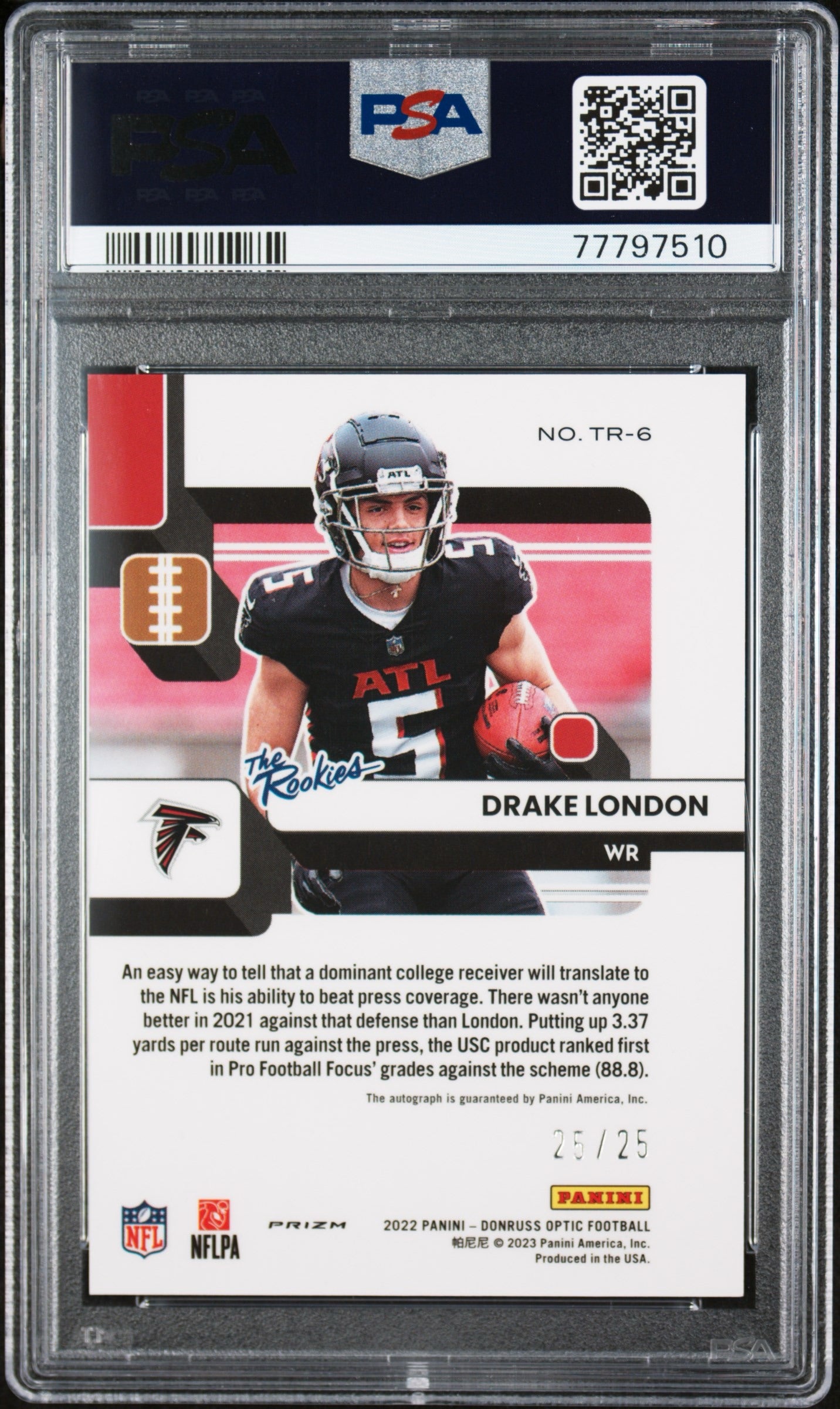 2022 Panini Optic The Rookies Drake London Auto Purple Stars PSA 9