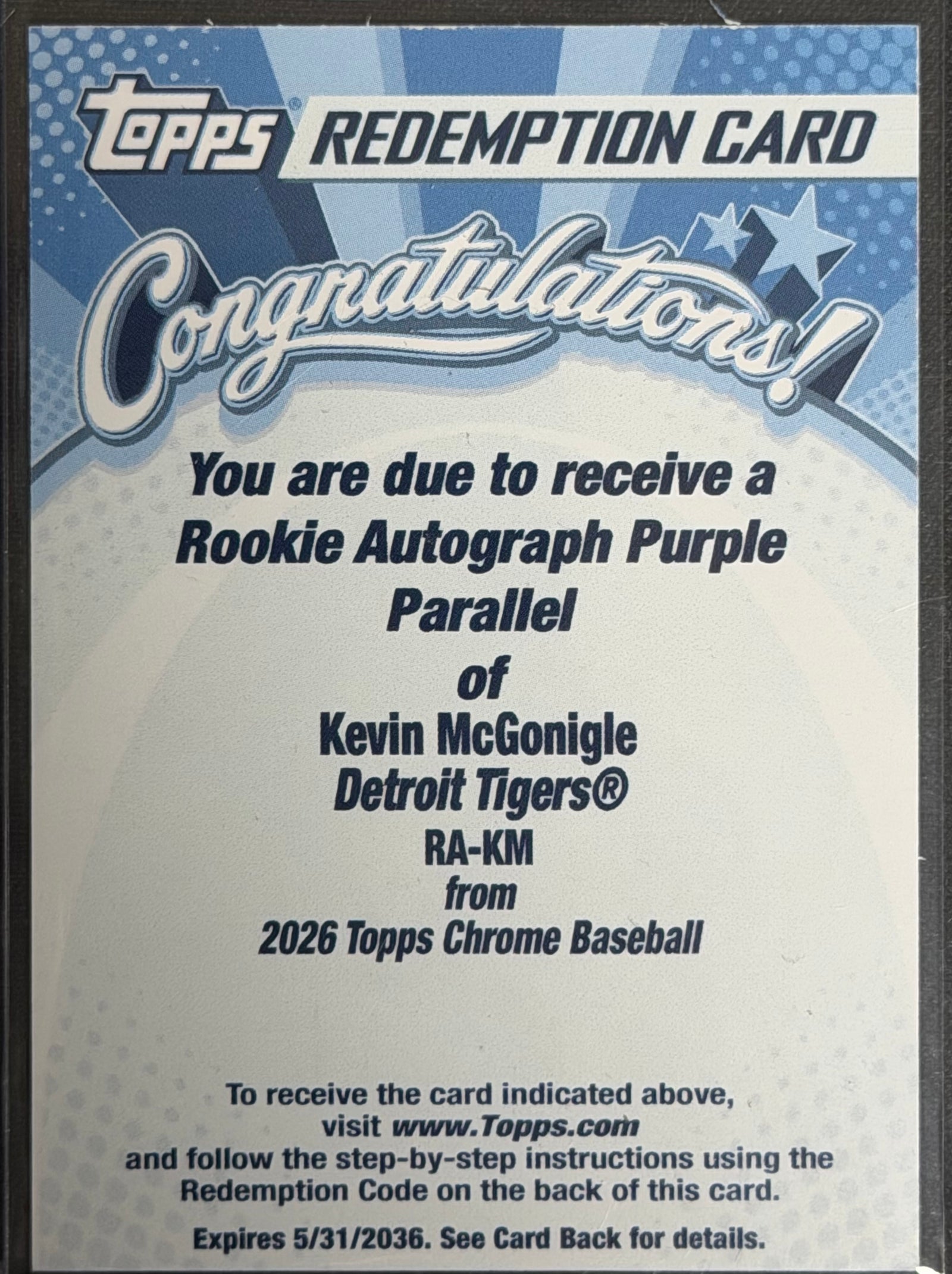 Kevin McGonigle /75 Rookie Purple Auto 2026 Topps Chrome Baseball Redemption