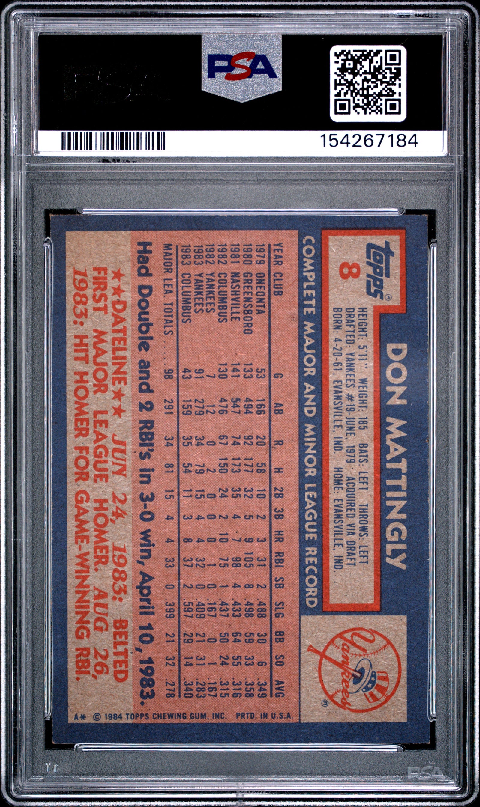 1984 TOPPS 8 DON MATTINGLY PSA 8 - back