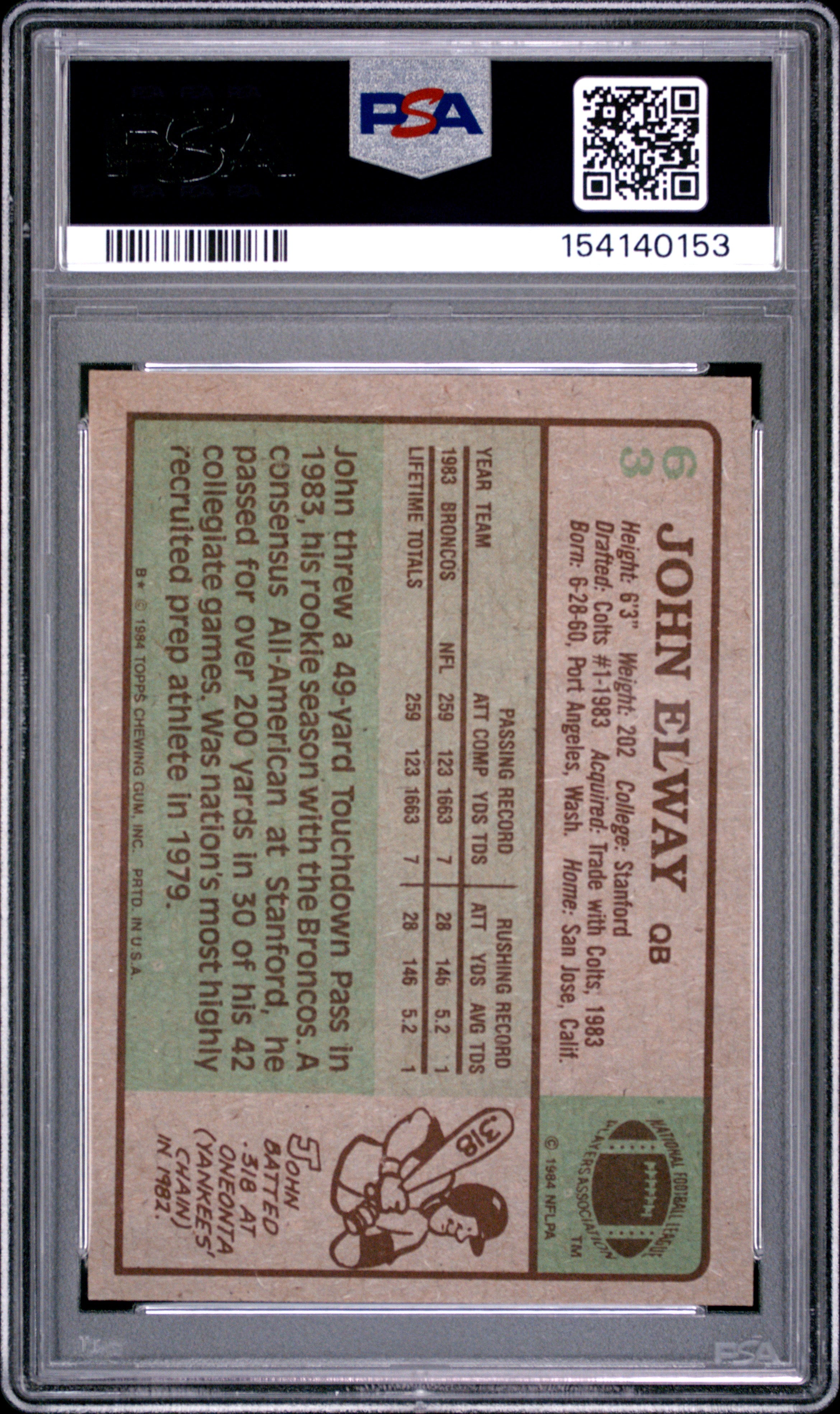 1984 TOPPS 63 JOHN ELWAY PSA 6 - back
