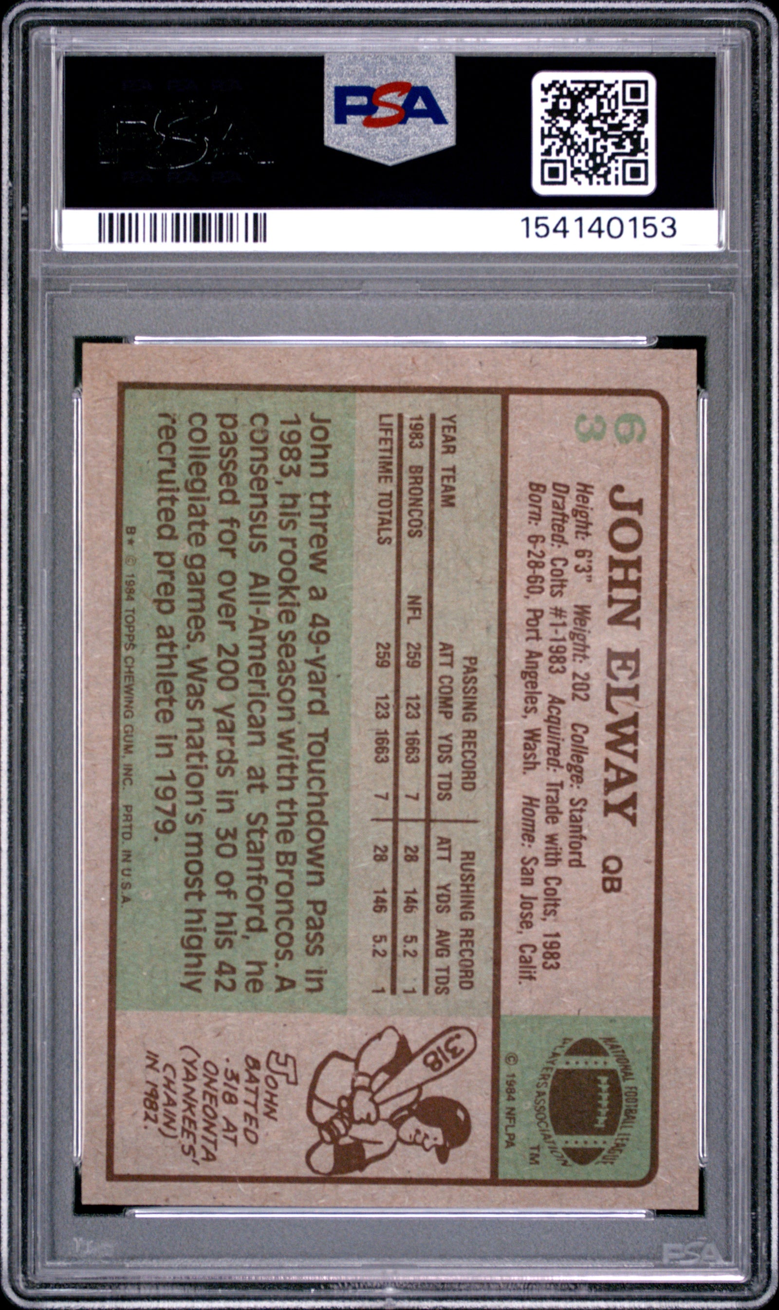 1984 TOPPS 63 JOHN ELWAY PSA 6 - back