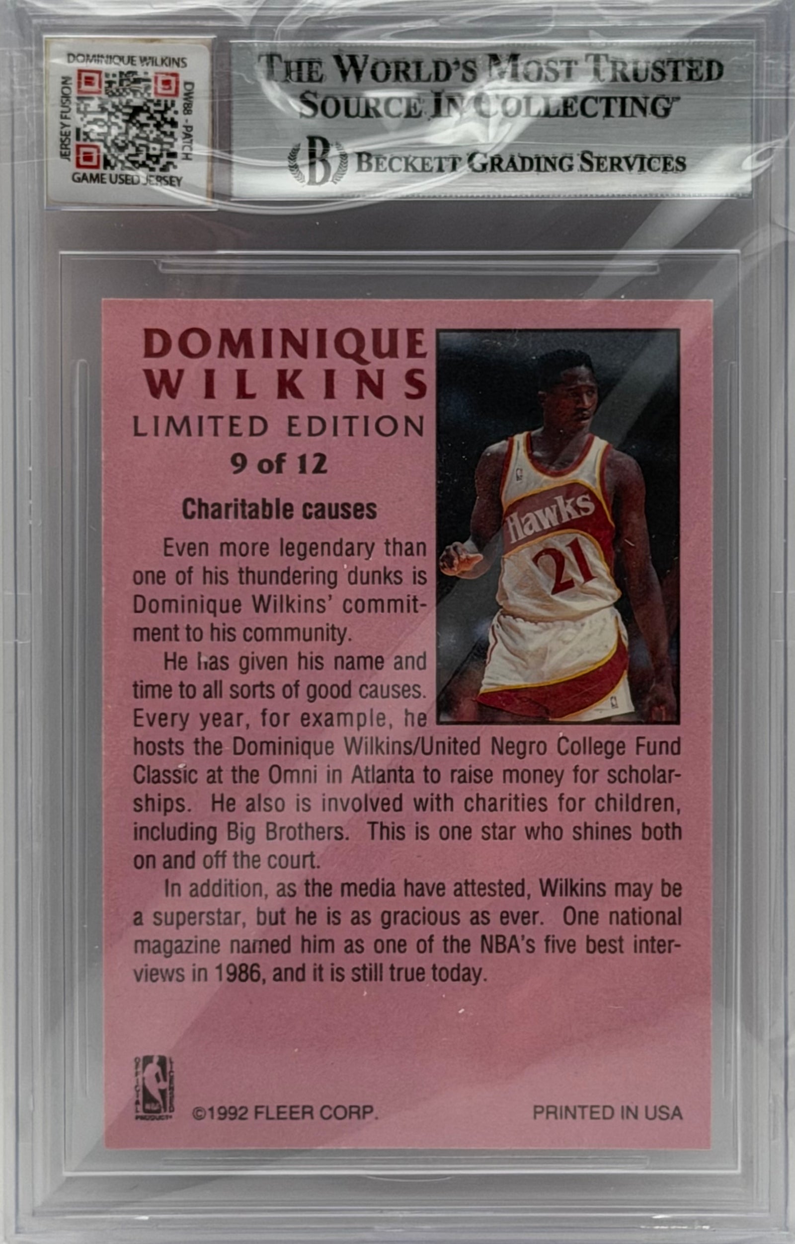 1991-92 Fleer Dominique Wilkins Autograph Game Used Patch Beckett 10