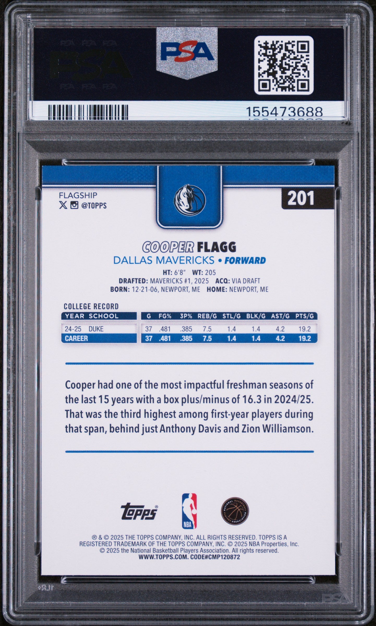 2025 TOPPS 201 COOPER FLAGG PSA 9 - back