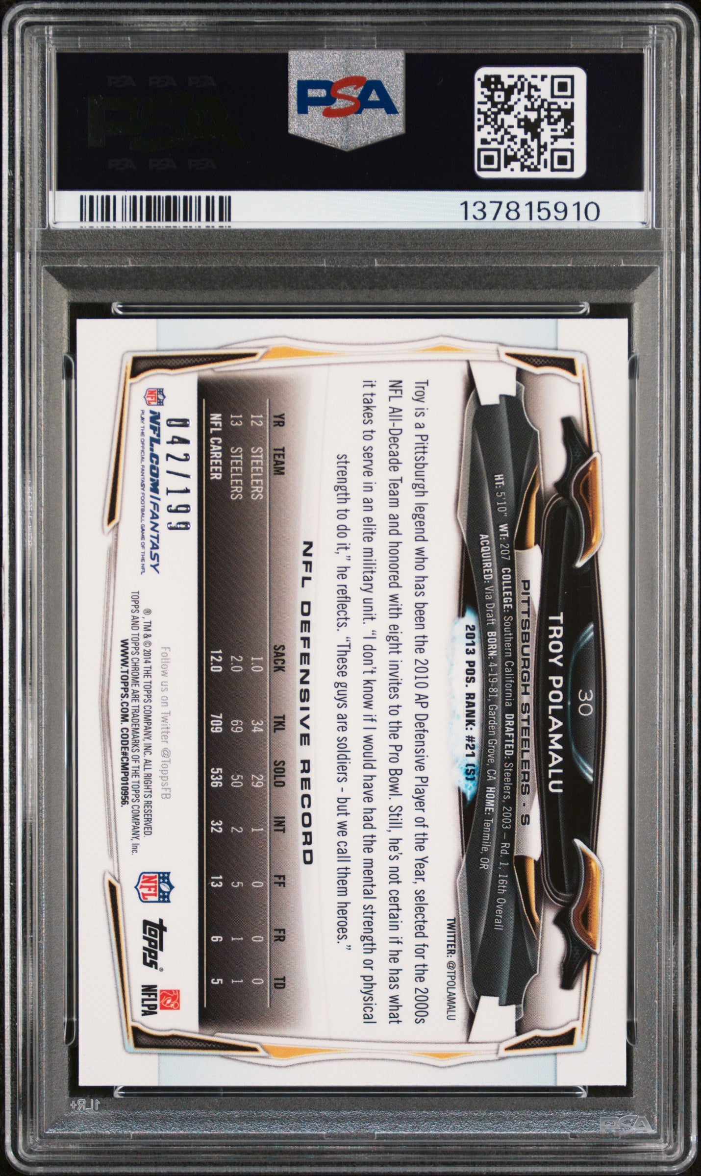 2014 Topps Chrome 30 Troy Polamalu Blue Refractor PSA 9