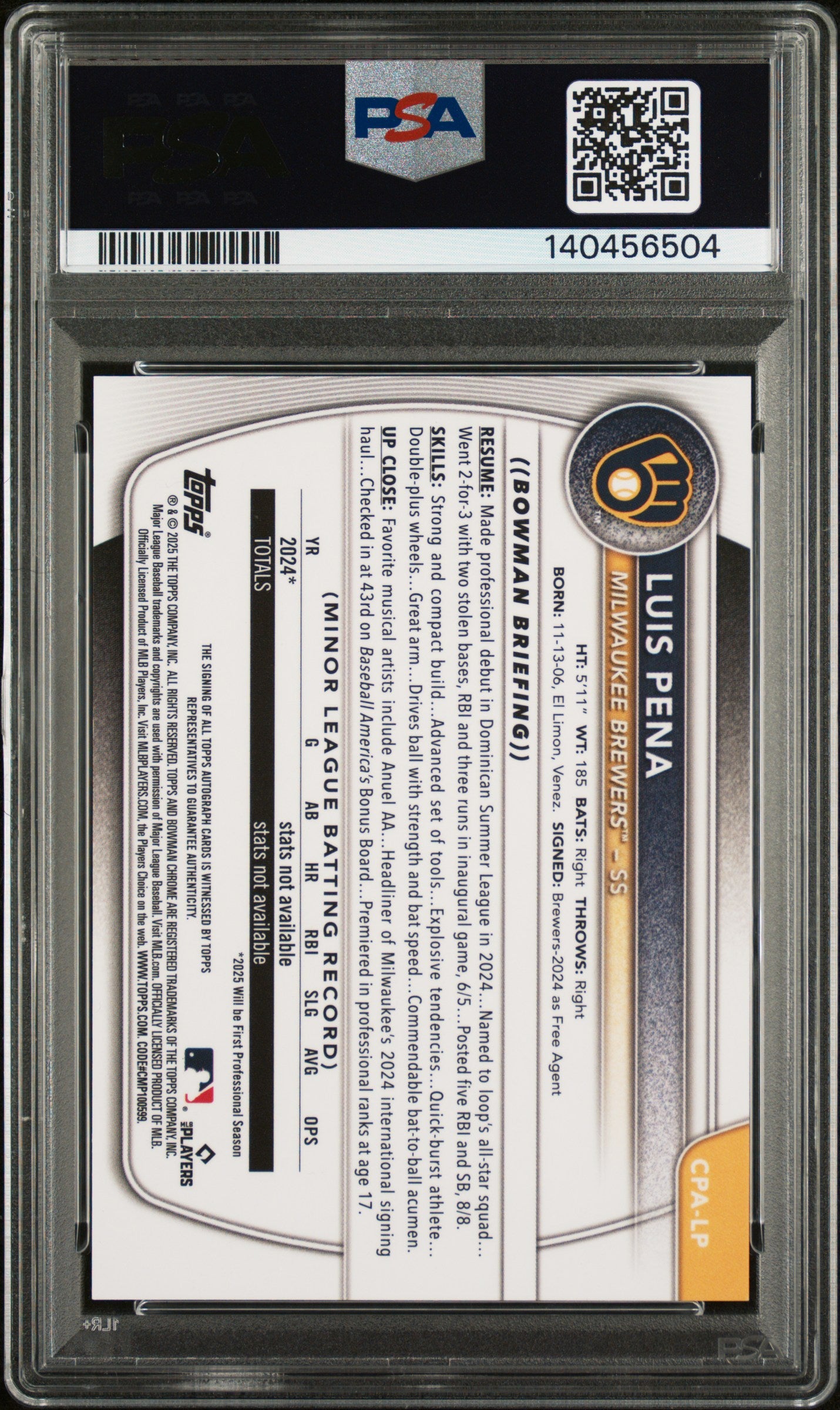 2025 Bowman Chrome Luis Pena Prospect Autographs Green Lava PSA 9