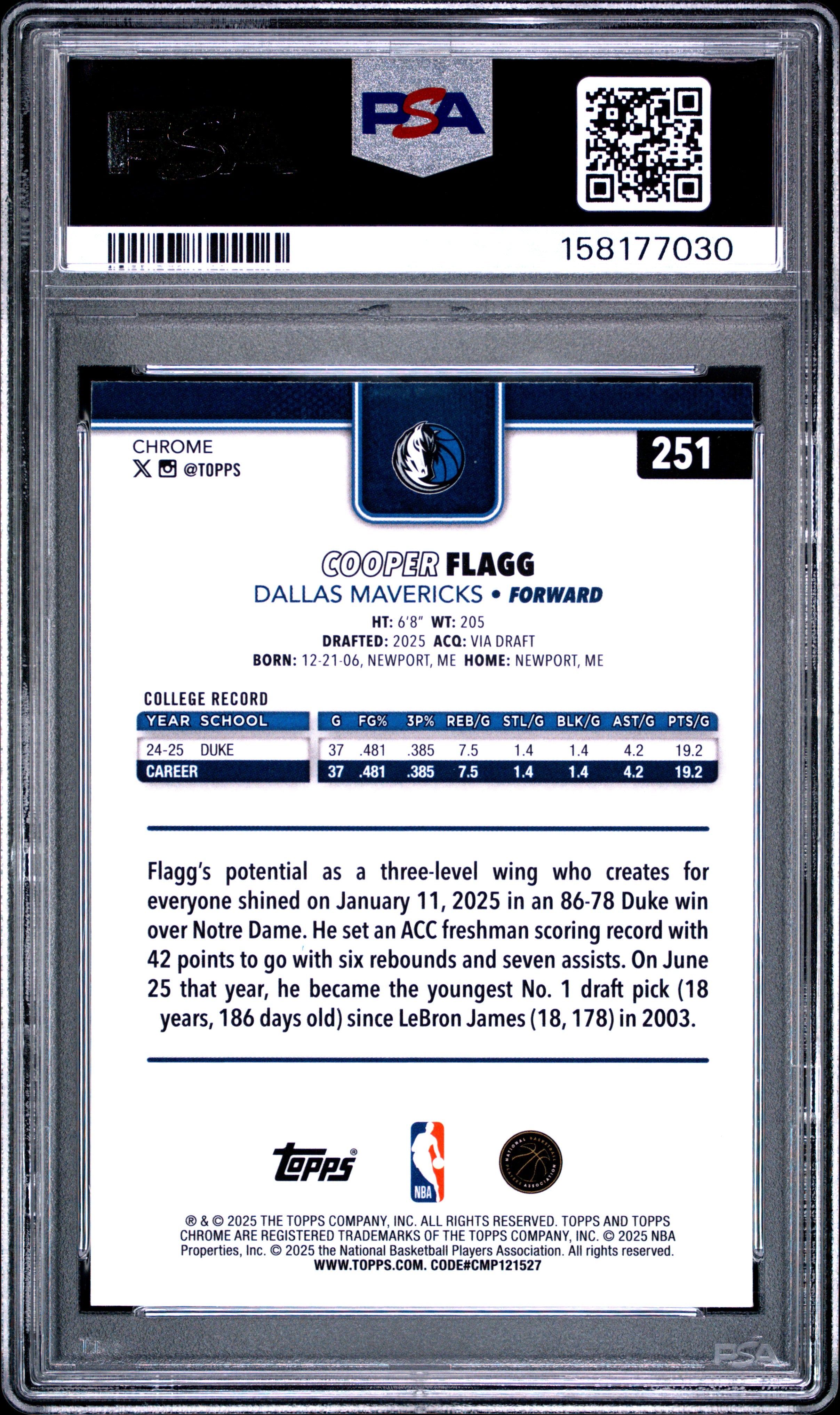2025 TOPPS CHROME 251 COOPER FLAGG PSA 7 - back