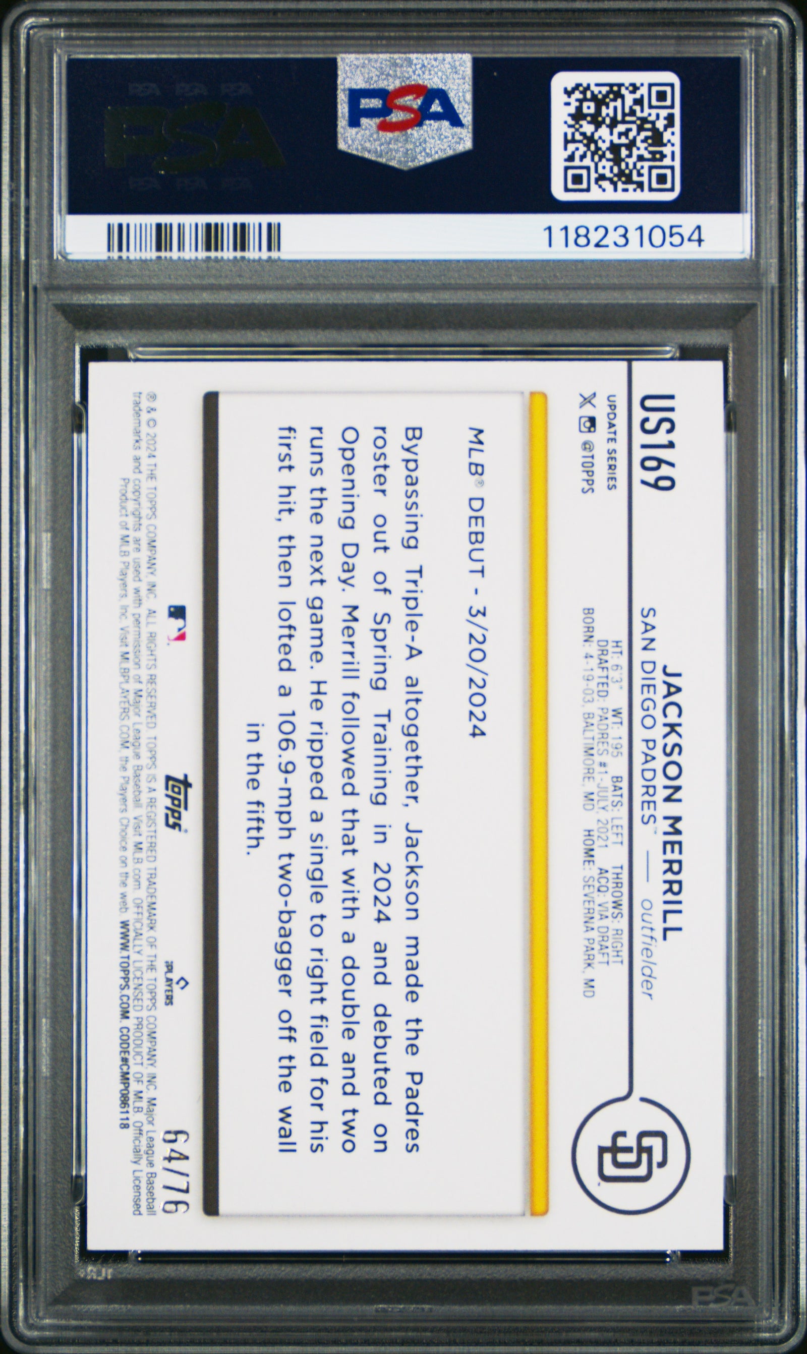 2024 Topps Update Us169 Jackson Merrill Independence Day PSA 9