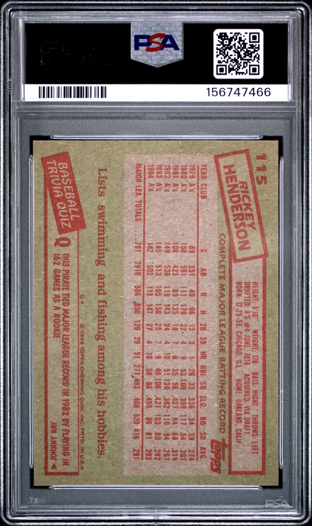 1985 Topps #115 Rickey Henderson PSA 7