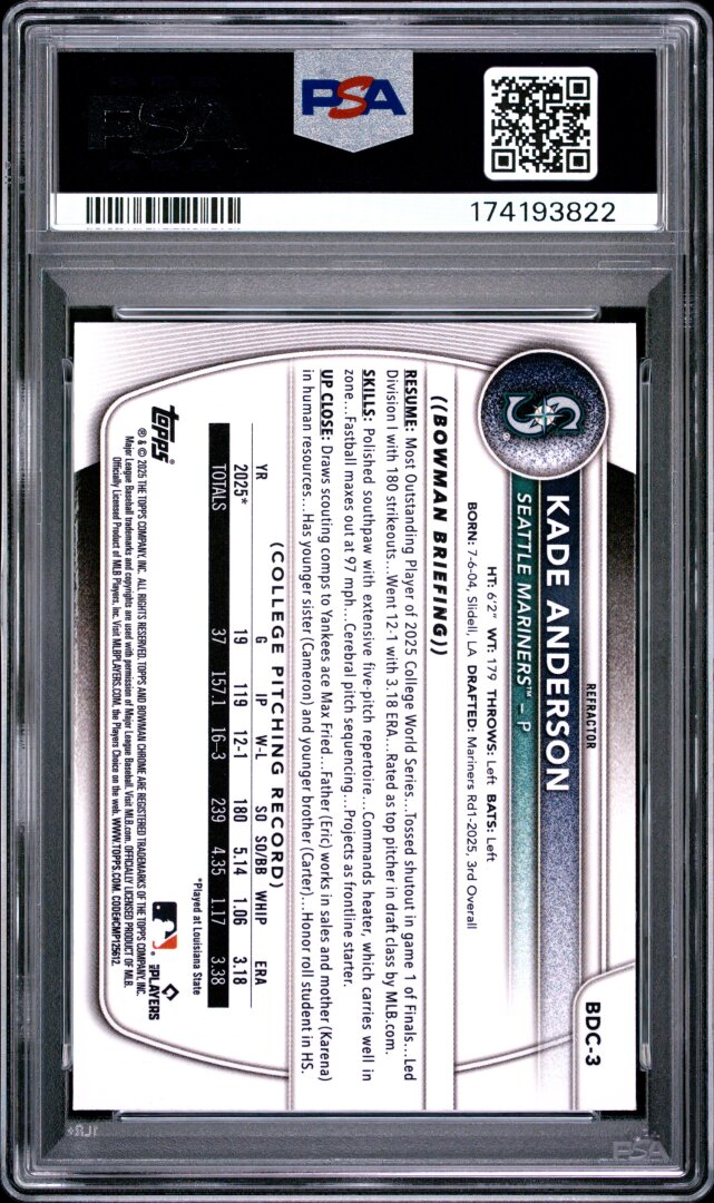 2025 Bowman Draft #BDC-3 Kade Anderson Refractor PSA 9