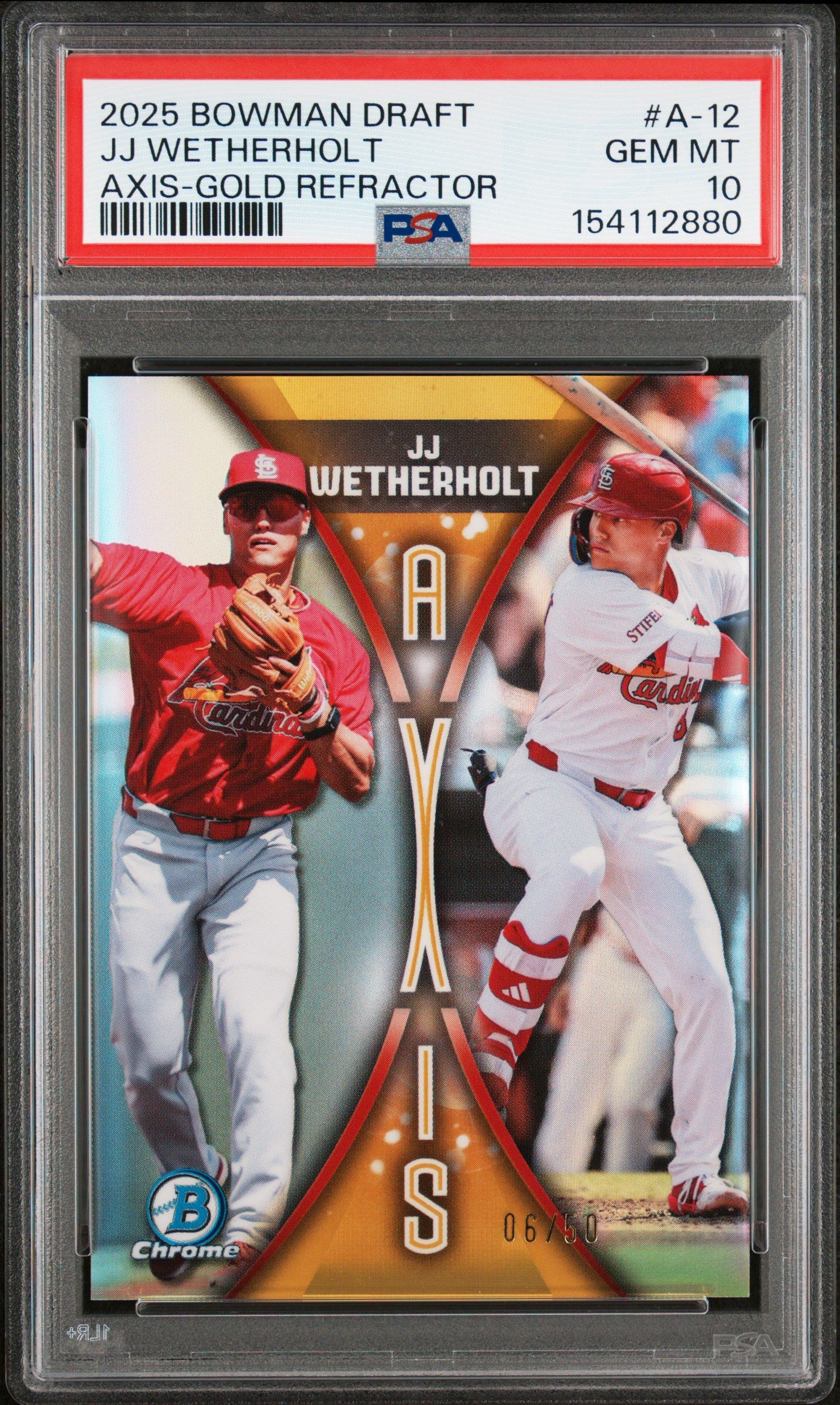 2025 BOWMAN DRAFT AXIS A-12 JJ WETHERHOLT GOLD REFRACTOR PSA 10 - front