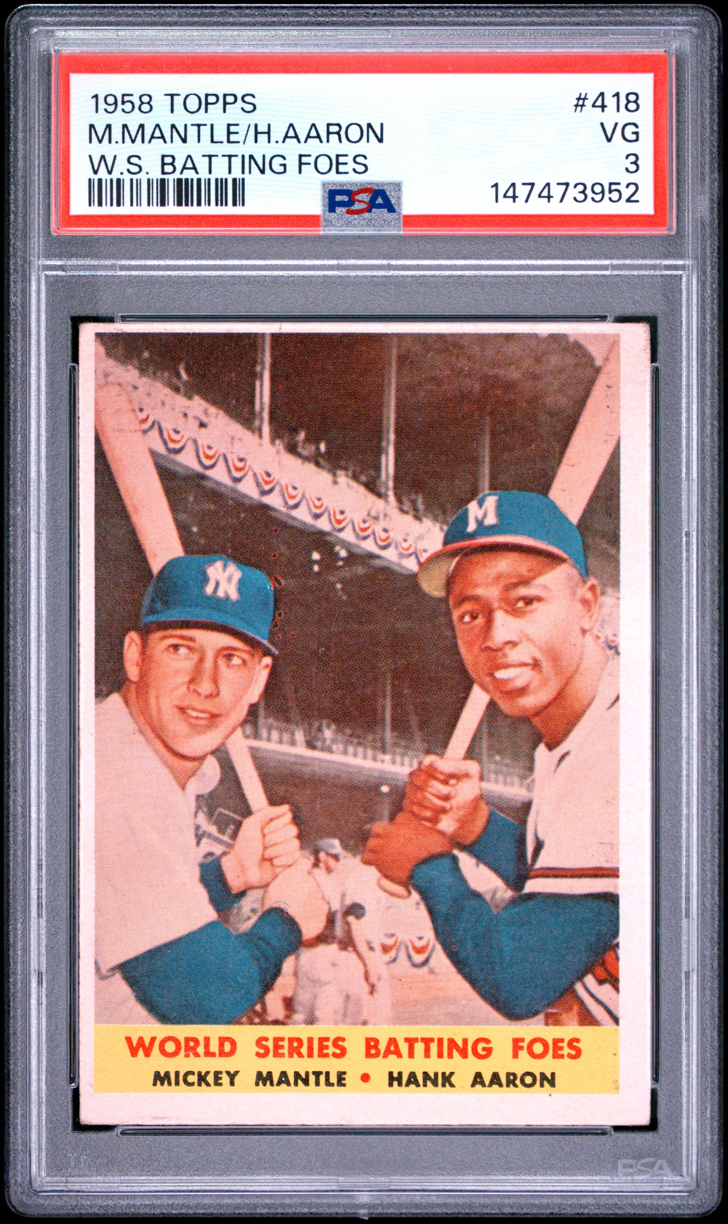 1958 TOPPS 418 MICKEY MANTLE/HANK AARON WORLD SERIES BATTING FOES PSA 3 - front