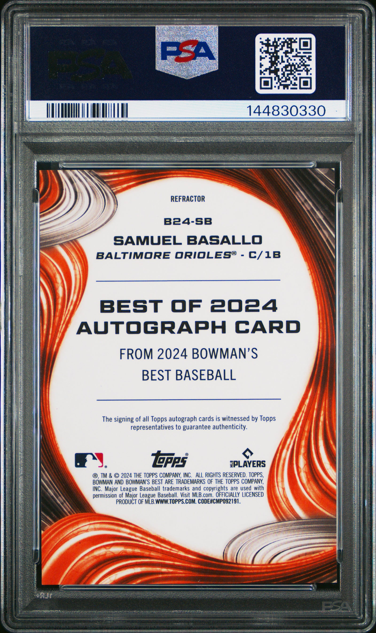2024 Bowman'S Best Best Of 2024 Autographs B24Sb Samuel Basallo Refractor PSA 9