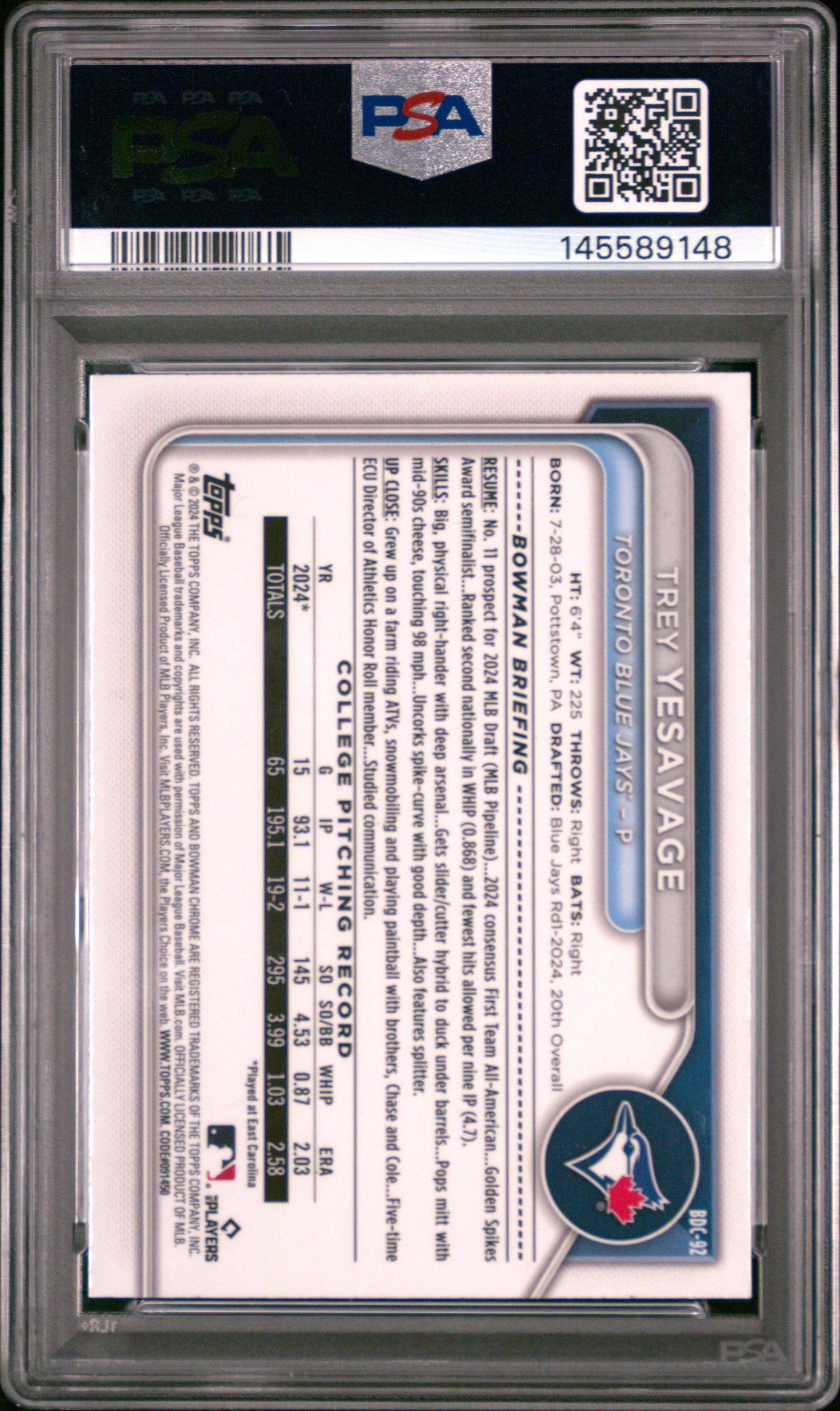 2024 Bowman Draft Sapphire Edition Bdc92 Trey Yesavage PSA 9