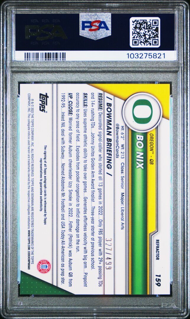2023 Bowman University Chrome #159 Bo Nix Autograph Refractor /499 PSA 9