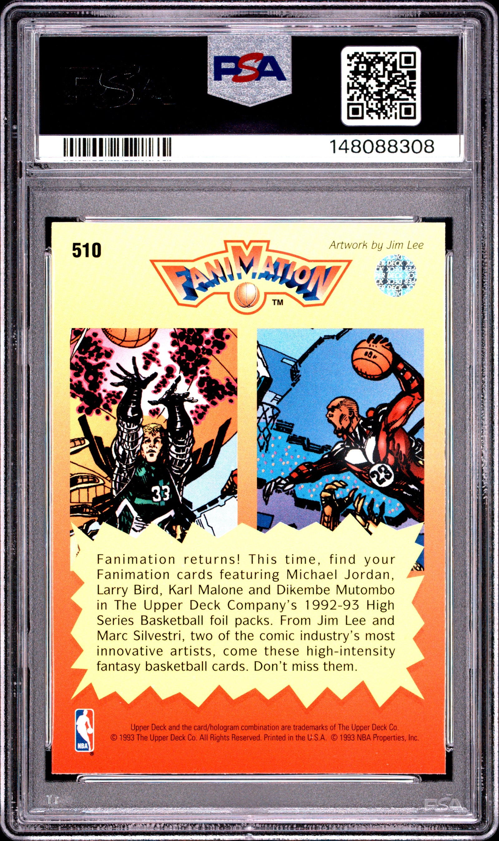 1992 UPPER DECK 510 MICHAEL JORDAN\LARRY BIRD FANIMATION PSA 8 - back