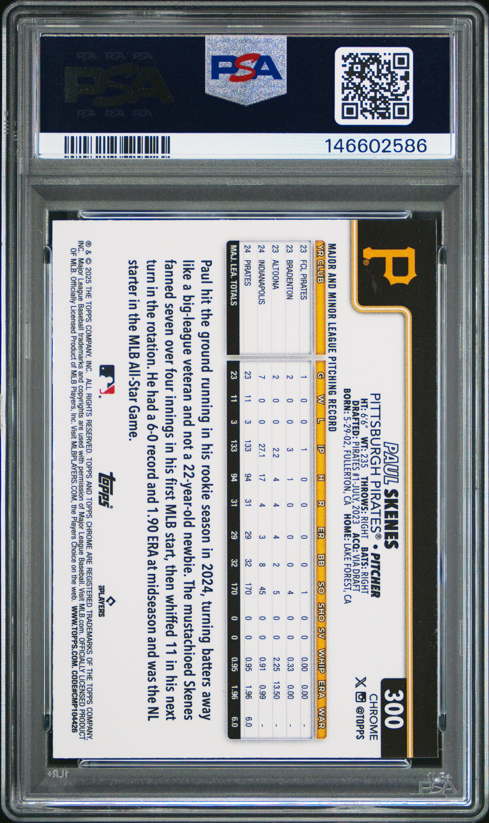 2025 Topps Chrome Logofractor Edition 300 Paul Skenes Purple Refractor PSA 10